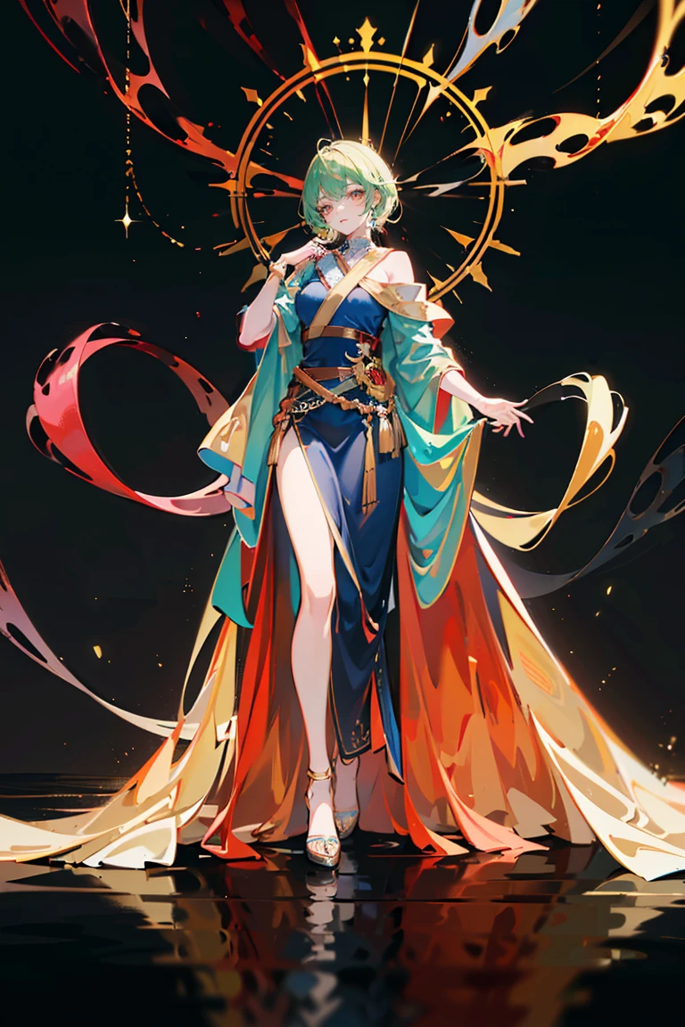 tan lines, black skin, huge breasts, Phoenix background, green hairs, curved hips, red eyes, white leggings, glowing effect, priest, healer, fantasy, gold ornament, full body view, walking, magical weapon in hand