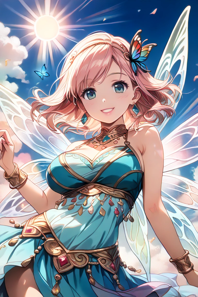 Top quality, masterpiece, (8K resolution), beauty (25 years old), (mature look), golden long hair (side braid), blue eyes, light blue clothes with detailed embroidery, (little fairy), large cleavage, smiling, necklace, earrings, dynamic pose, pink choker, woman hunter, holding a bow, with two bluish translucent bears in the background.