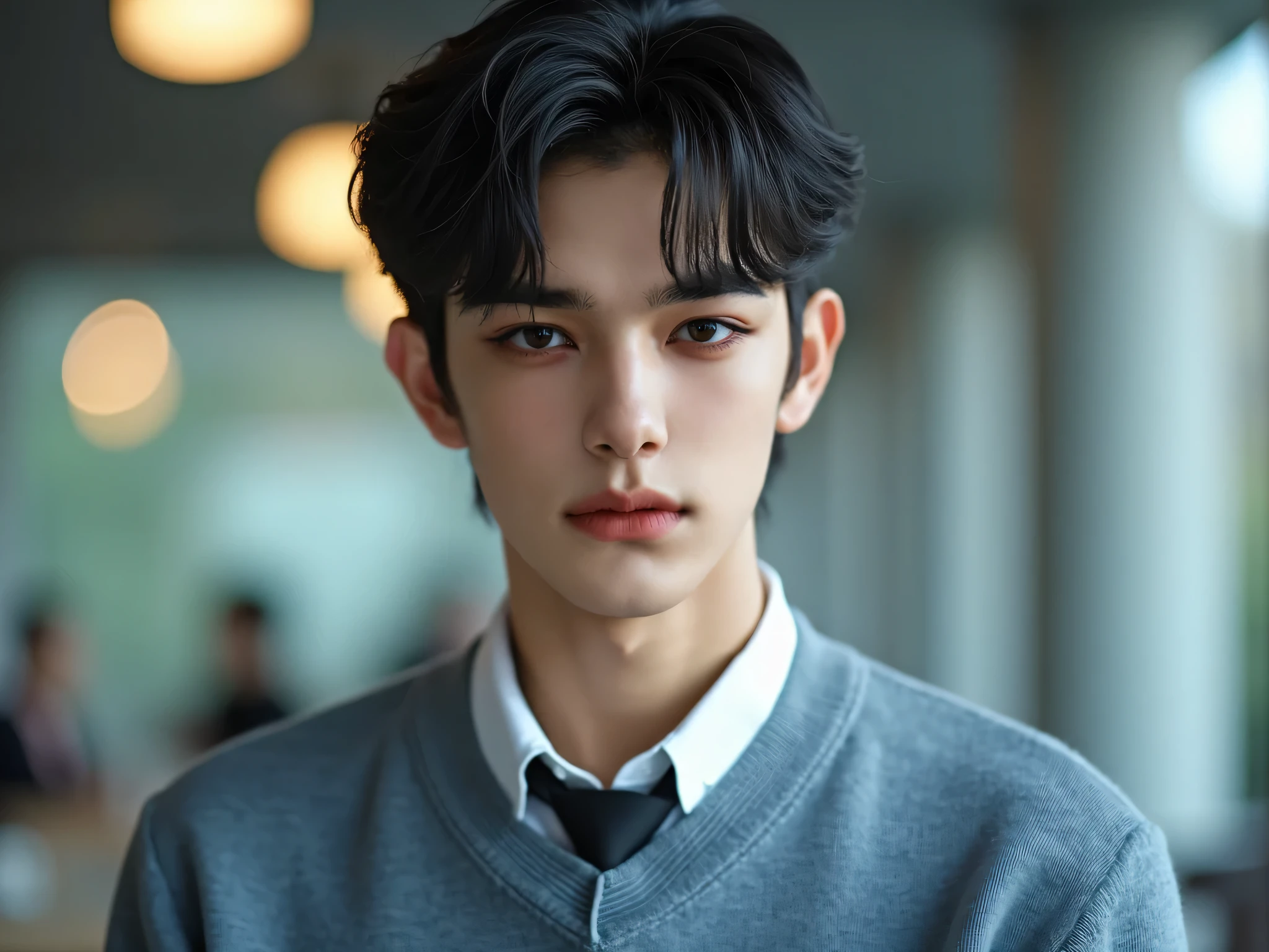 20 year old man, very handsome, Chinese Series Stars, white, handsome face, super slim, หน้าคนclear, Look at the camera,  Sweet Smile, Left Hand Raised, The left hand holds a hat with ears adorned with the Pikachu of the sweater., Close your left eye, Wink, smiles, sees the teeth, cute, Mad Mafia, ผมสีดำ, messy classic hair-style, side hair style, ผมสีดำ, I'm up , Business Hairstyles, short hair, Masterpiece, Best Quality,  a man, confident posture, Detailed image, clear, Shiny, very handsome, Cold Tea Face Paint, Wear a pyravet dress, Pikachu Sweater Outerwear, Pokemon, Pikachu Cosplay ,one man, reflect, top body model, Display Area Background, Cosplayer Event, องค์ประกอบclear, front view.