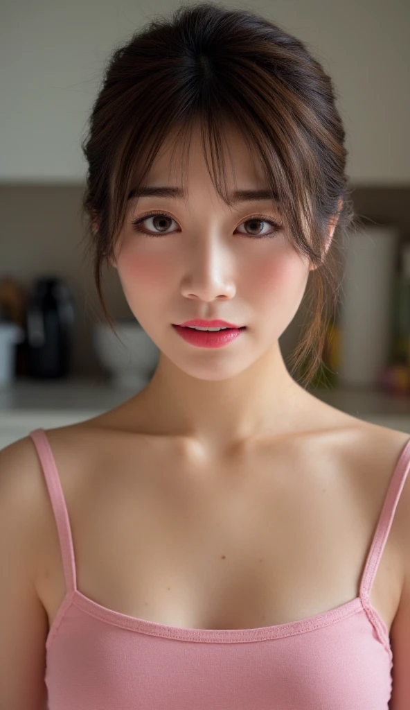 ((Best Quality, 8K, Masterpiece: 1.3)), perfect Korean e-girl makeup, relaxed tank top that emphasize perfect cleavage, amazing breast enhancement, refresh, hard blushing, perfect long strong winged eyeliner, perfect cleavage, big breasts, eagerly desires your cum on her breasts, squeeze arms, shocked expression, mouth wide open, wide jaw drop, tongue out, perfect breast shape, chubby chin, cute face, red lips, beautiful eyes detail, sports bra, upper body composition, full lips, red lips, perfect full lip shape, lively face, lustful look, breast enhancement, perfect big squeezed breast cleavage line, long deep cleavage but still rounded, bedroom,