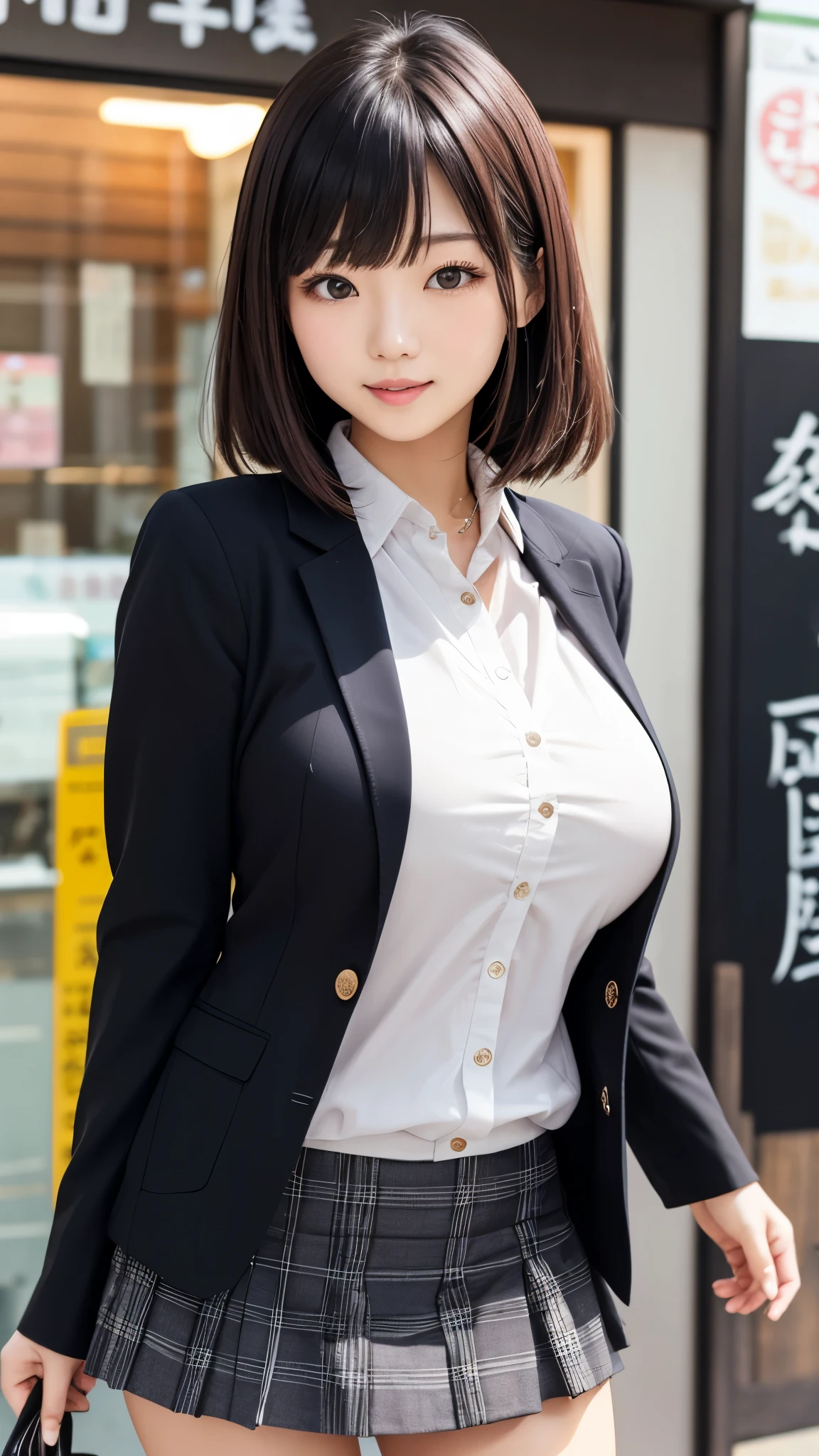a 18 year old face of the most beautiful actress in the world, the perfect body proportions of a female, tight blazer is worn with formal shirt on female upper body, the perfect shaped of female breasts, shirt skirt is worn with panties on female lower body, panties between bare legs under short skirt are seen just a little, sexy crotch of a female, the short hair cut of a female is just like male one, standing, at the city street, one female, nsfw, best quality, highly detailed, masterpiece, ultra high res, photo realistic, 8k