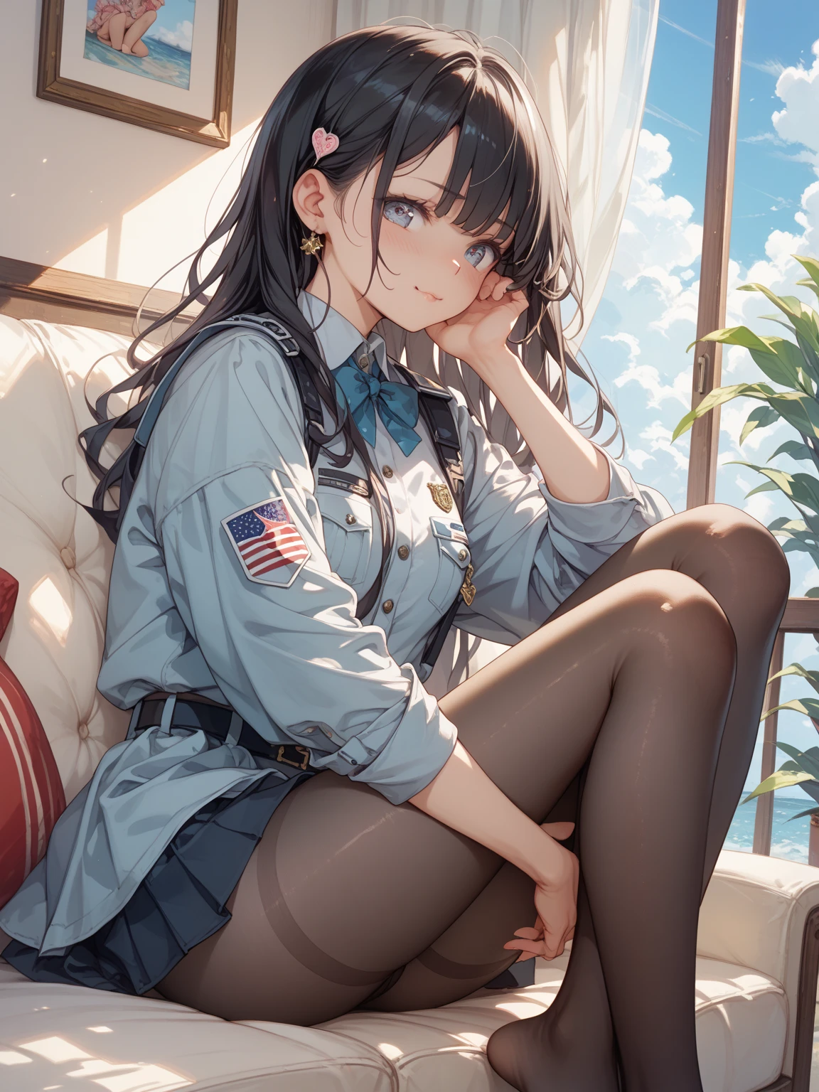 ((Biologically correct limb count))、(( whole body including face))、4K、Masterpiece、((Focus on the face))、((Symmetrical, well-proportioned facial features))、Eyes with delicate depictions、(((1 person)))、Beautiful woman、Outstanding style、Slender Body、、((Navy blue military uniform、shirt、Checked Skirt,(High heels with anklets)))、(((coastal)))、(Smiling and smiling）、(Close-up photo of the upper body）、High angle、Photos with a white border around them、night、