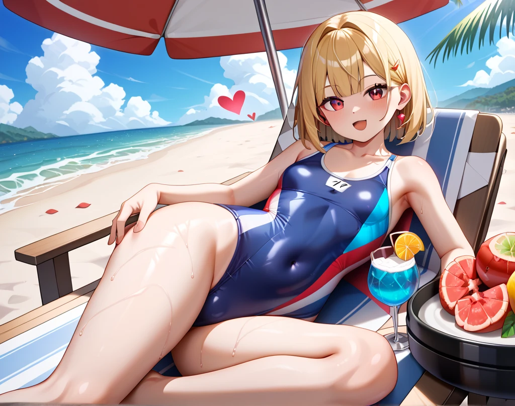 creates an anime girl in a red swimsuit taking off a white blouse 24 years old in a tropical beach landscape and sitting on a beach chair