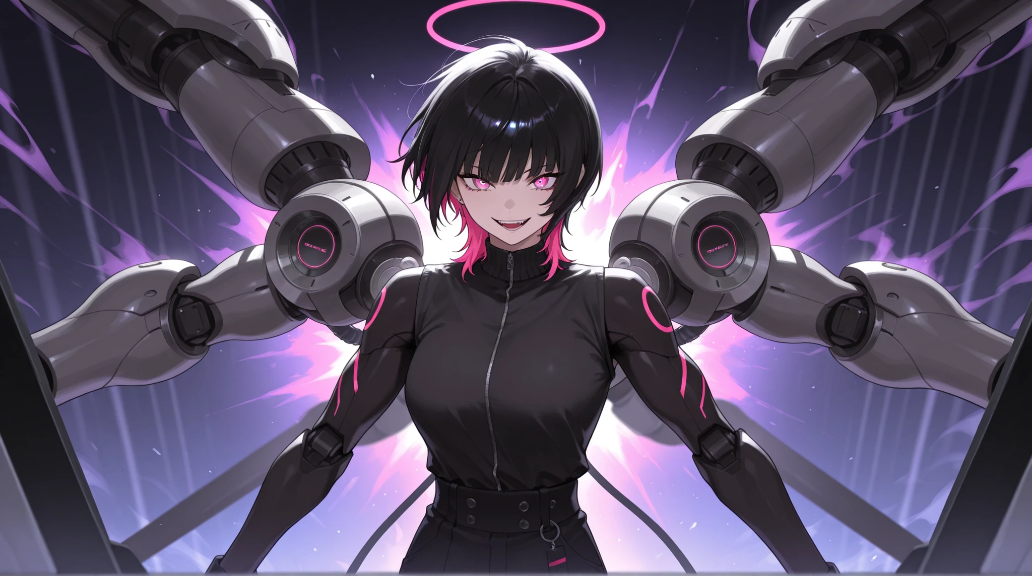 crazy atmosphere、Of the 4 arms, 2 arms are female members of a machine、wolf cut、bright colors、masterpiece、Highest Quality、8k