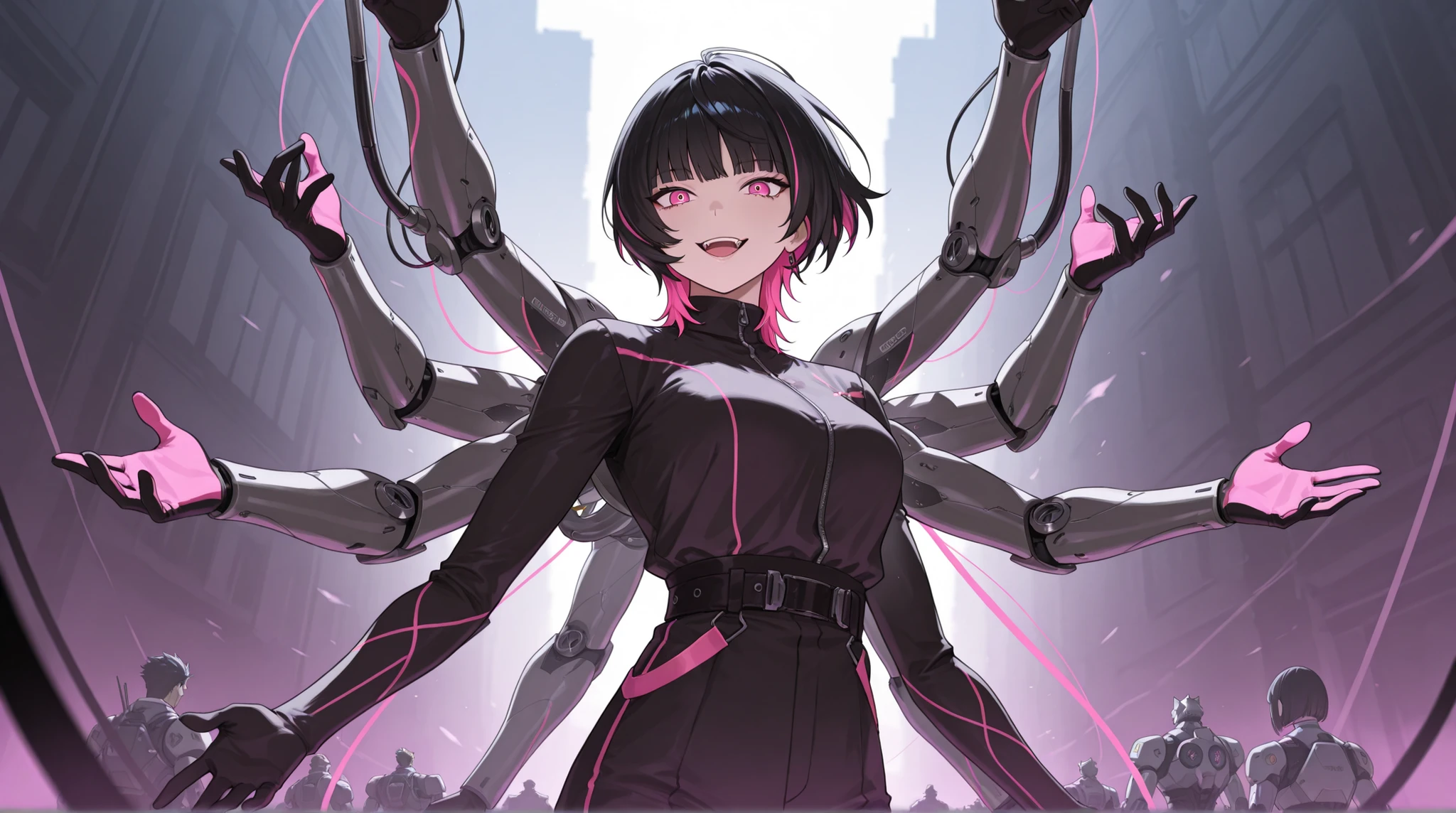 crazy atmosphere、Of the 4 arms, 2 arms are female members of a machine、wolf cut、bright colors、masterpiece、Highest Quality、8k