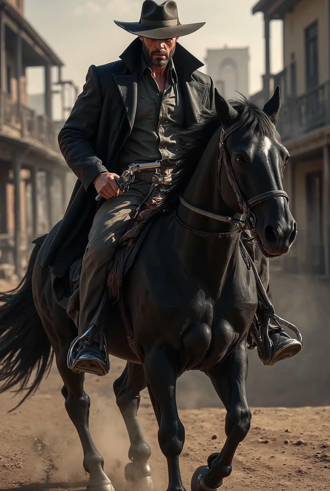 Hyper-realistic cinematic action scene of a Western gunslinger in medium shot, riding a black stallion, riding through a grimy, cold, old town. The gunslinger wears a worn, dark leather overcoat that billows behind him in the wind, and a wide-brimmed hat casts a shadow over his intense, focused eyes. His face is rugged, with a clenched jaw and a layer of trail dust. With one hand he grips the reins tightly; with the other he aims a smoking revolver, ready to fire—the muzzle flash captured in dramatic detail, illuminating his stern expression and the gun’s metallic gleam.
The black horse is muscular and ferocious, its hooves kicking up clouds of dust and mud, its eyes wide with adrenaline. Its mane whips wildly in the wind as it thunders down a dirt road lined with gnarled cacti and broken fence posts. In the blurred background, a frontier town shimmers—clambered buildings, saloon doors opening, and smoke billowing—as if the horseman has just emerged from the chaos or is charging into it.
The atmosphere is tense and explosive, with dramatic backlighting cutting through layers of dust, fog, and golden twilight. The scene is shot in 16:9 cinematic widescreen, using a vintage 35mm lens for a natural glow of light, soft film grain, and a shallow depth of field that neatly isolates the horseman and the gunshot, while letting the rest of the environment blend into painterly realism.
Every detail—from the sheen of the horse’s wet coat to the texture of the cracked leather gloves to the smoke billowing from the revolver—is rendered with vivid, photorealistic texture. The tone is gritty, heroic, and fast-paced, echoing themes of survival, revenge, and the gritty poetry of the Old West.