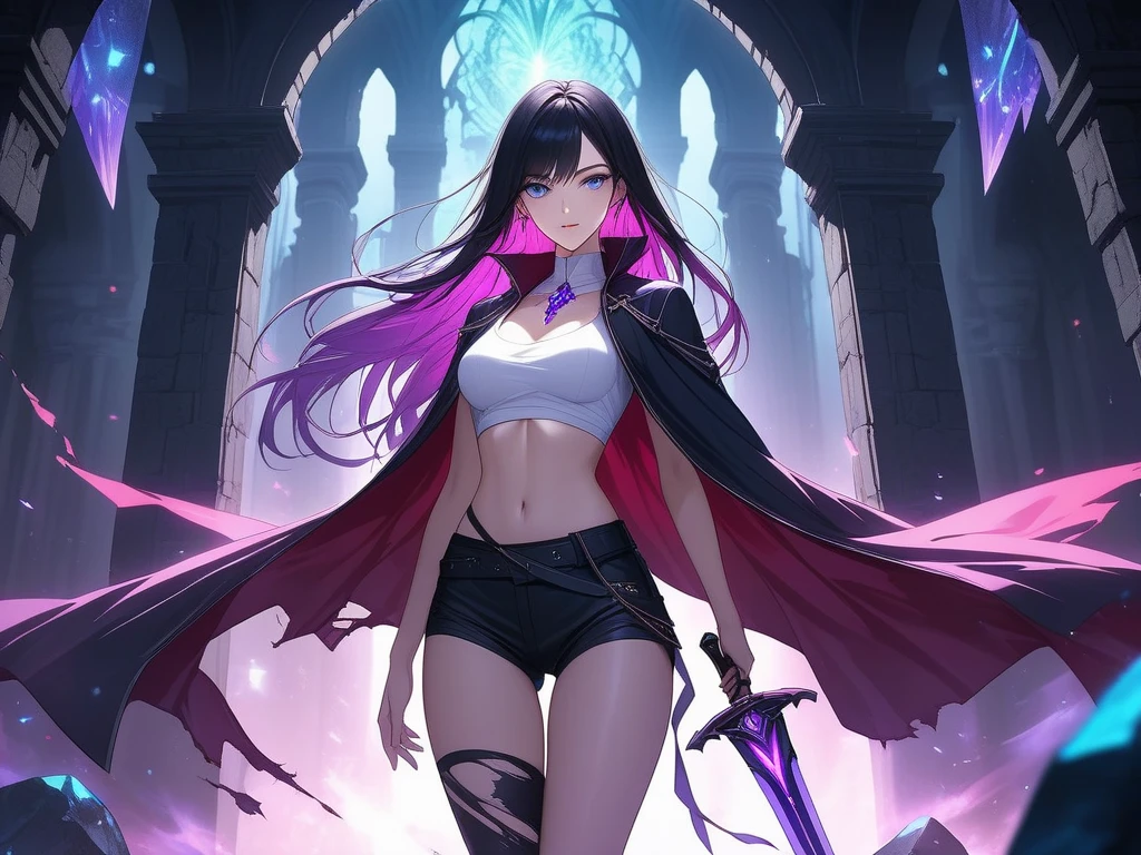 sexy woman, petite, perfect body shape, small breast, holding giant scythe, battle suit outfit, silver color breast plate, short battle skirt, (royal cape:1.1), main color is matte black, secondary color is purple, ((wet and bloody body detailed)), sexy and devil aura, original character, masterpieces, seducing purple pupil, black high pony tail with some purple hair, 20 years old, walking under moon and middle of the destroyed street, high quality anime 4k wallpaper, purple gem accessories, golden belt, golden necklace, windy and holy effect, crotch tattoo.