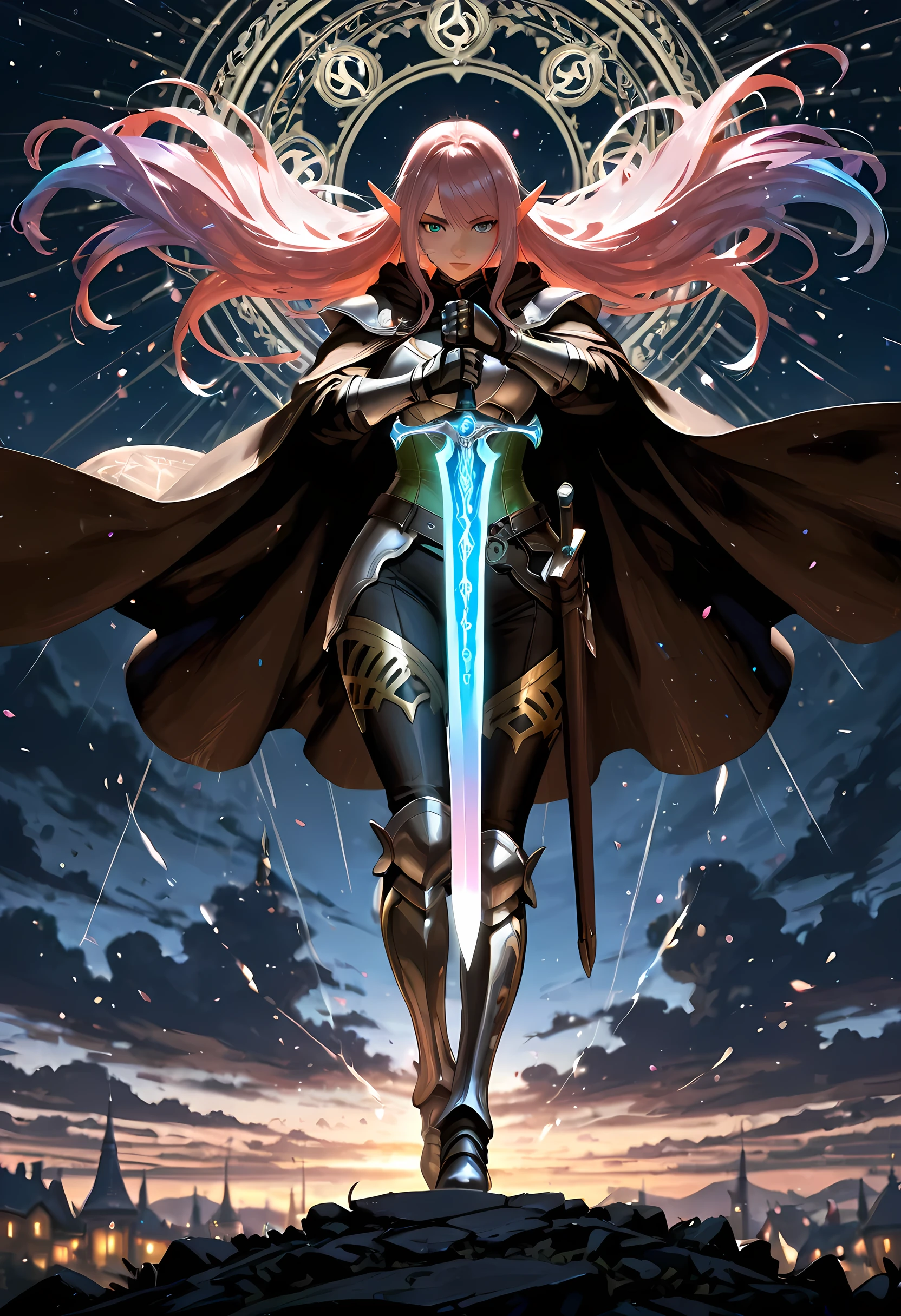 a picture of a female elf, fantasy swashbuckler, fantasy fencer, armed with a slim sword, shinning sword, metallic shine, colorful clothes, dynamic clothing, an ultra wide shot, full body, epic beautiful female elf , rich hair, small pointed ears, colorful magical sigils in the air, colorful arcane markings floating,  holding a sword, holding a sword glowing in light,  fantasy urban street (intense details, Masterpiece, best quality),  long cloak, sense of daring, sense of adventure,  high details, best quality, 16k, [ultra detailed], masterpiece, best quality, (extremely detailed), dynamic angle, ultra wide shot, photorealistic, RAW, fantasy art, dnd art, fantasy art, realistic art, fantasysword sword,  fantasy, art by mooncryptowow