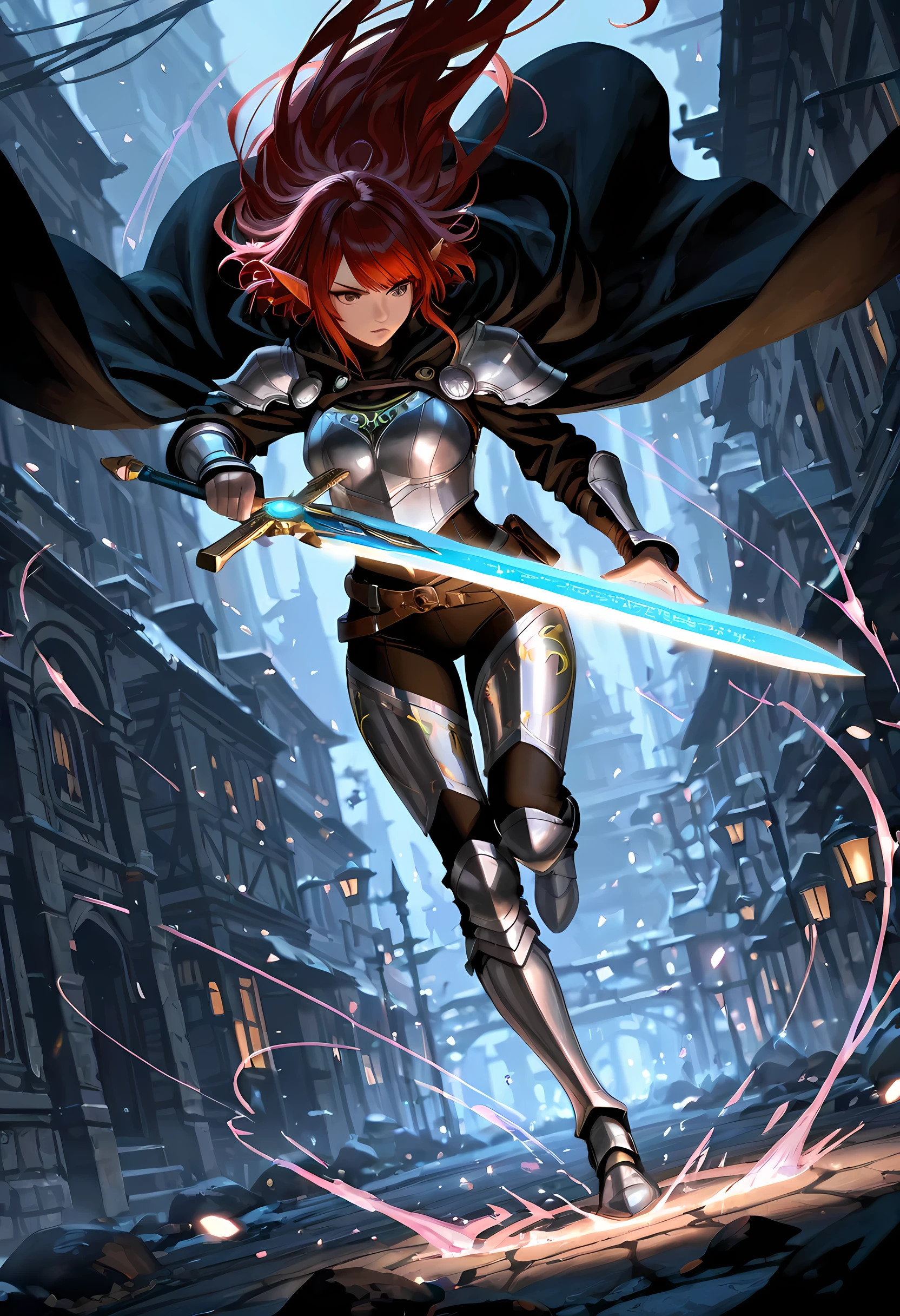 a picture of a female elf, fantasy swashbuckler, fantasy fencer, armed with a slim sword, shinning sword, metallic shine, colorful clothes, dynamic clothing, an ultra wide shot, full body, epic beautiful female elf , rich hair, small pointed ears, colorful magical sigils in the air, colorful arcane markings floating,  holding a sword, holding a sword glowing in light,  fantasy urban street (intense details, Masterpiece, best quality),  long cloak, sense of daring, sense of adventure,  high details, best quality, 16k, [ultra detailed], masterpiece, best quality, (extremely detailed), dynamic angle, ultra wide shot, photorealistic, RAW, fantasy art, dnd art, fantasy art, realistic art, fantasysword sword,  fantasy, art by mooncryptowow