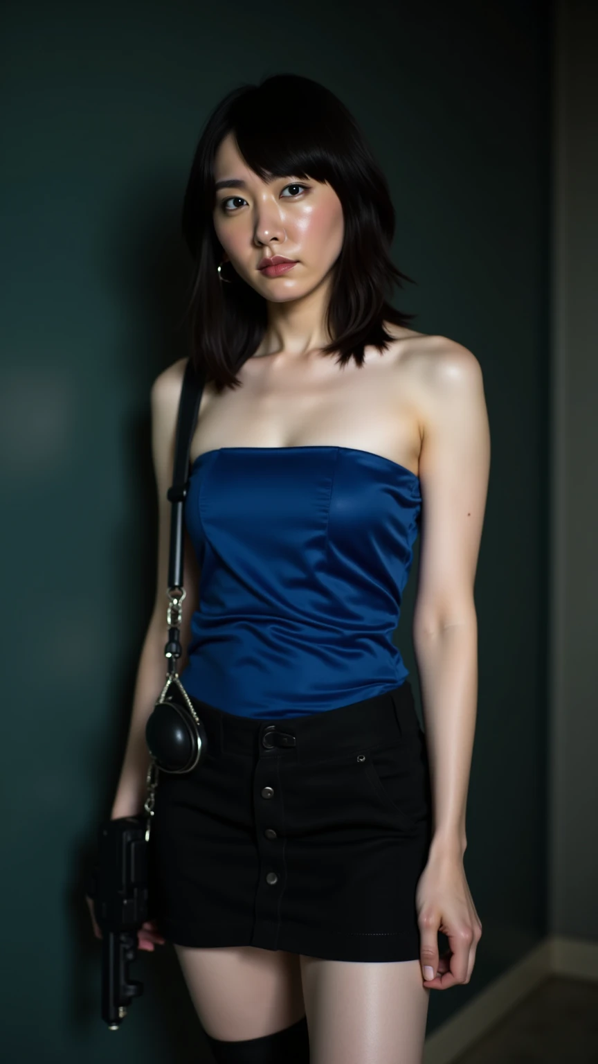 (masterpiece), (8k, best quality, high resolution), (ultra-detailed, realistic), (anatomically correct),
((from head to thighs)), (Standing), (No background),
(1woman), (looking at viewer), ((pull the dress up to the navel)), (To show the navel),
(A Japanese woman, 30 years old and 155cm tall),
(black hair), (straight hair), (short hair style), ((bob cut)), (hair behind ears),
(wear glasses), ((black cell frame glasses)),
((Wear a navy blue spaghetti strap dress)), ((Mini length dress with a simple design and minimal decoration)),
(wear panties), ((white panties)),
(Create a detailed image of the eye),
(Her impression is pure, clean and kind.),
((A captivating smile, just showing a few teeth.)),