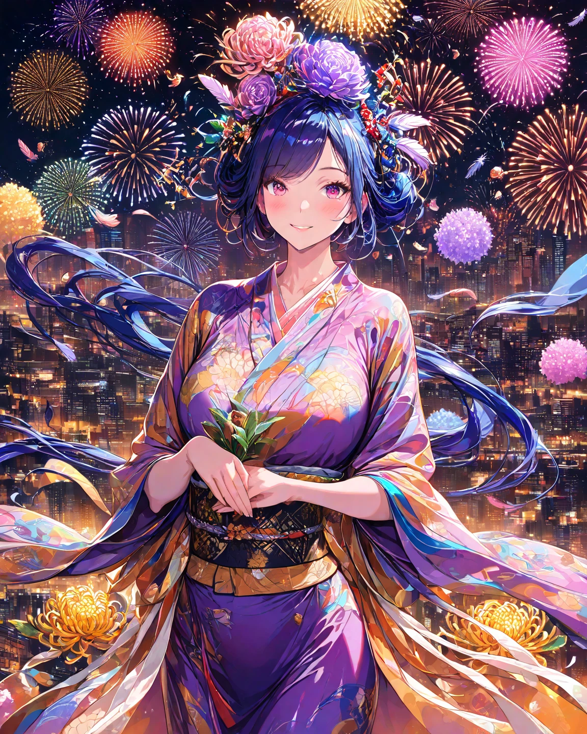 ((highest quality)),(ultra high resolution),(Super detailed),(detailed description),((best CG)),(best work of art),super precision art,amazing drawing art,(Fantasy art with intricate detail:1.5), (woman:1.6),(beautiful and well-shaped face:1.5),(A yukata with morning glories on light blue fabric:1.6) Colorful fireworks light up the night sky、Lights her up beautifully。She is looking up at the fireworks with joy。
