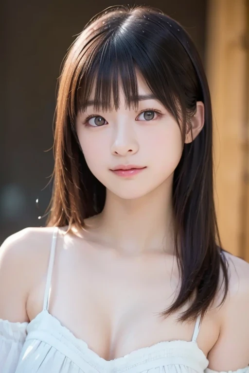 masutepiece, Best Quality, 8K, 10yaers old, , Raw photo, absurderes, award winning portrait, Smile, Solo, Idol face, Delicate girl, Upper body, Digital SLR, Looking at Viewer, Candid, Sophisticated, Thin arms, Professional Lighting, Film grain, chromatic abberation, (Eyes and faces with detailed:1.0), (Bokeh:1.1) , Distant view Abandoned house , closes mouth , Sailor Uniform , A dark-haired , tiny chest