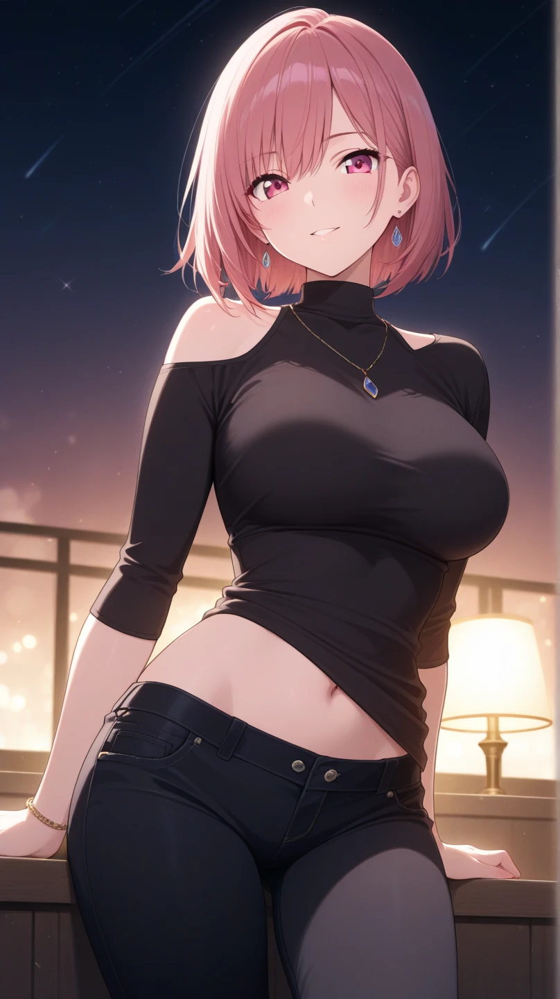 {{Kana Arima:1.9}}, {oshinoko}, (8k), ((Best Quality)), (Ultra-Detailed), High Resolution, Extremely Details CG, ((Photorealistic:1.2)), official art, by famous artist, perfect hands, perfect anatomy, super detailed skin, Beautifully Detailed Eyes, Beautifully Detailed Skin, Beautifully Detailed Hand, Beautifully Detailed Fingers, Beautifully Detailed Lip, Shiny Skin, Shiny Skin, Glossy Skin, PUPILS SPARKLING, Moody Lighting, Film Reflection, Deep Rendering, beautiful countenance, 1 girl in, 独奏, 25 years old, pink-red-purple hair, (Bobcut with a forward drop), (Bangs are aligned in a straight line:1.2), ((Big, round eyes)), A bright and lively girl, Surprised face, red-black eyes, blush, room, night, Black T-shirt, There is a ribbon on the chest, Blue Skirt, Cowboy Shot,