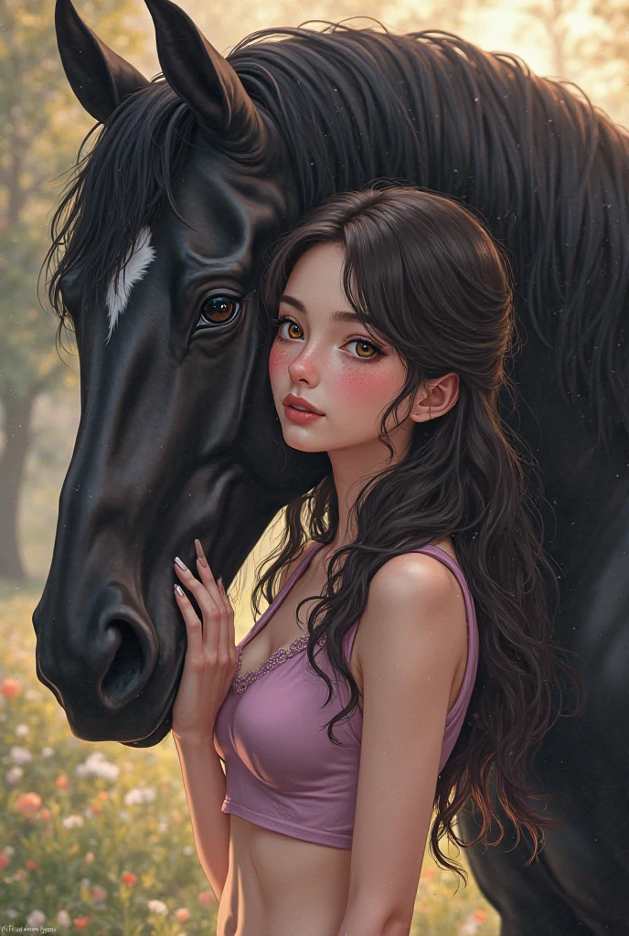 realistic, 1 girl, long hair, red eyes, glowing eyes, tank top, mini skirt, big smile, blush, night, flowers, moon, camel toe, wet, naked girl,
