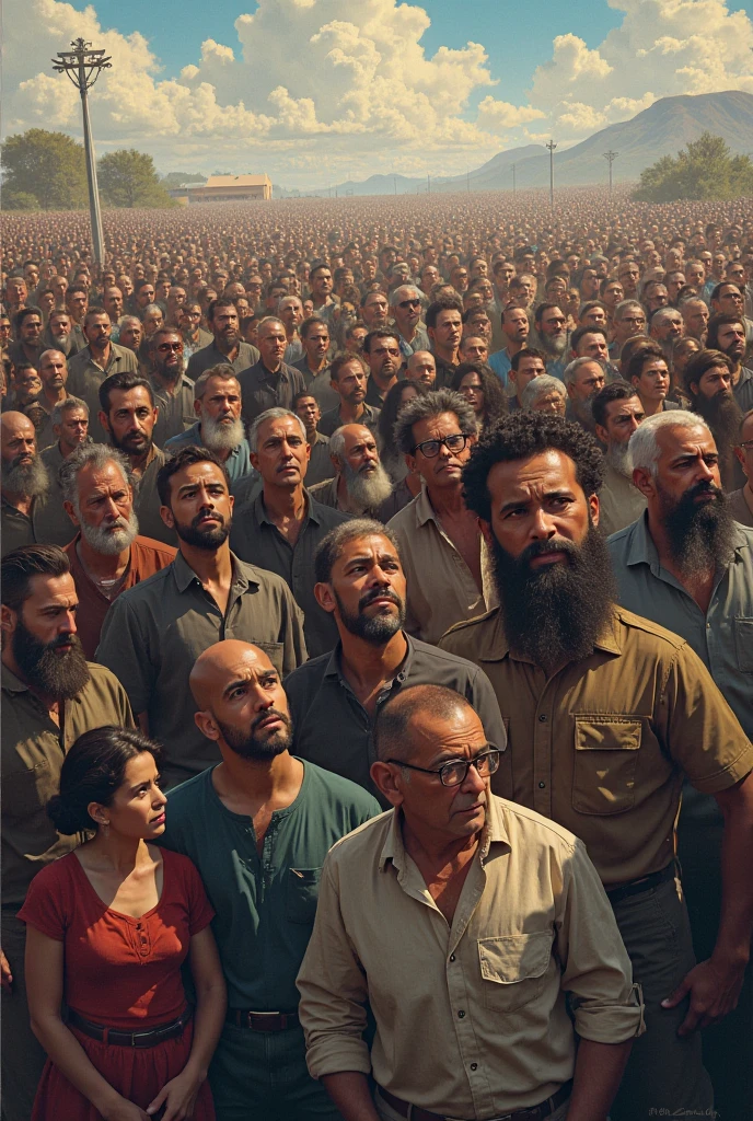Five strong, muscular, hairy, bearded Puerto Rican men wearing white towels covering their hips with their hands raised behind their heads being searched by two police officers in a fenced-in lot with a white wall, Sandy ground, a big tree in the background. Two girls sitting on the wall watching.