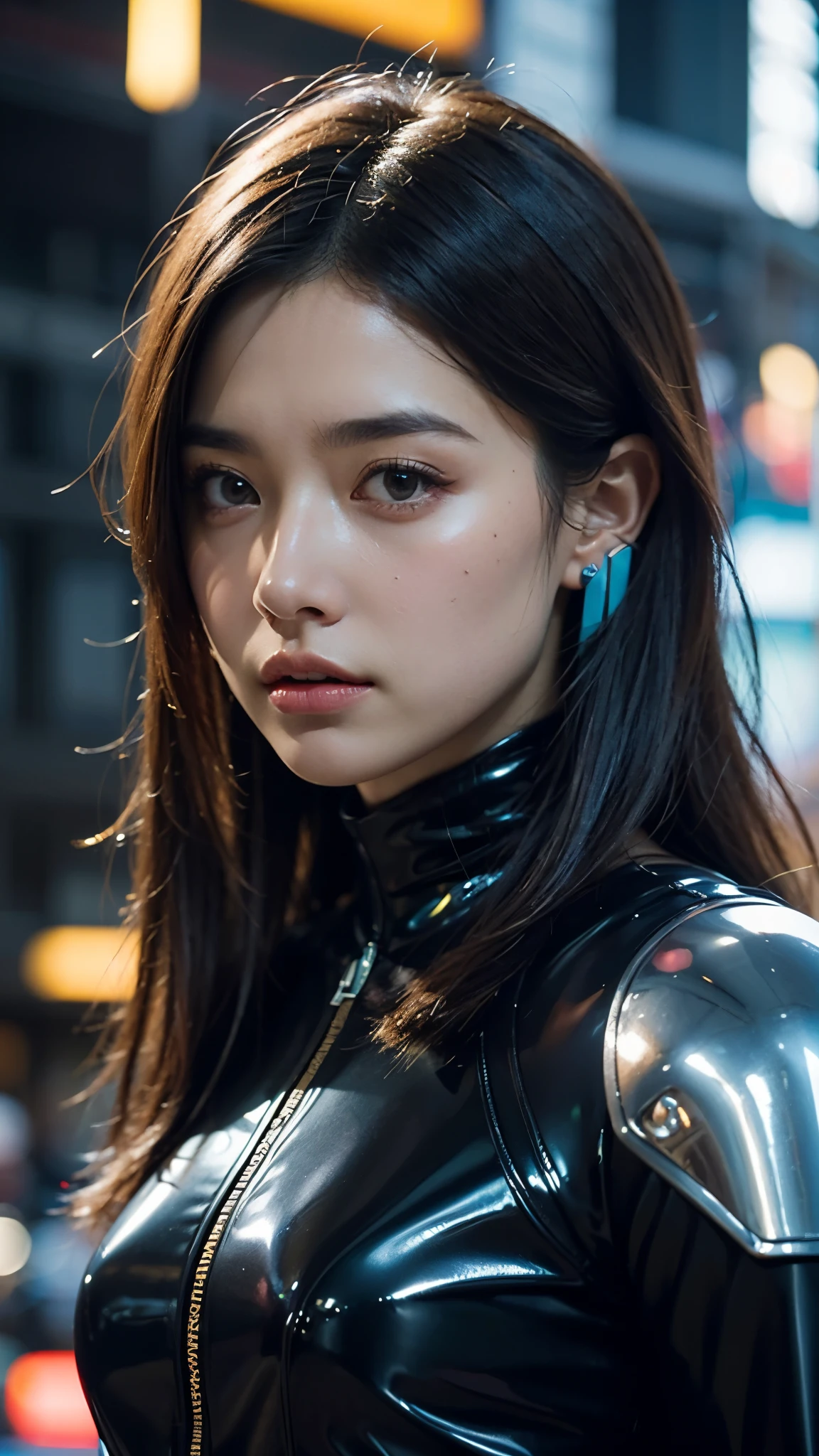 Abstract colours, texture, film grain, skin pores:0. A professional cyberpunk portrait photograph featuring a young Asian woman in a form-fitting black latex bodysuit with yellow robotic shoulder components and technological details. The subject wears turquoise wireless earphones and gazes intensely at the camera against a dark urban nighttime background with blurred city lights. The medium close-up shot employs mixed lighting and shallow depth of field to create dramatic highlights on the latex suit while isolating the subject from the environment. Realistic shaded lighting poster by Ilya Kuvshinov Katsuhiro, Magali Villeneuve, Artgerm, Jeremy Lipkin and Michael Garmash, Rob Rey and Kentaro Miura Style, trending on art station. Blade Runner 2049, punk hairstyle, Change the Cabolo style)1.3 (film grain)1.3, Stephen Martinil Vadim Kashin Simon Stalenhag Michal Kalchi Ismail Inoglu