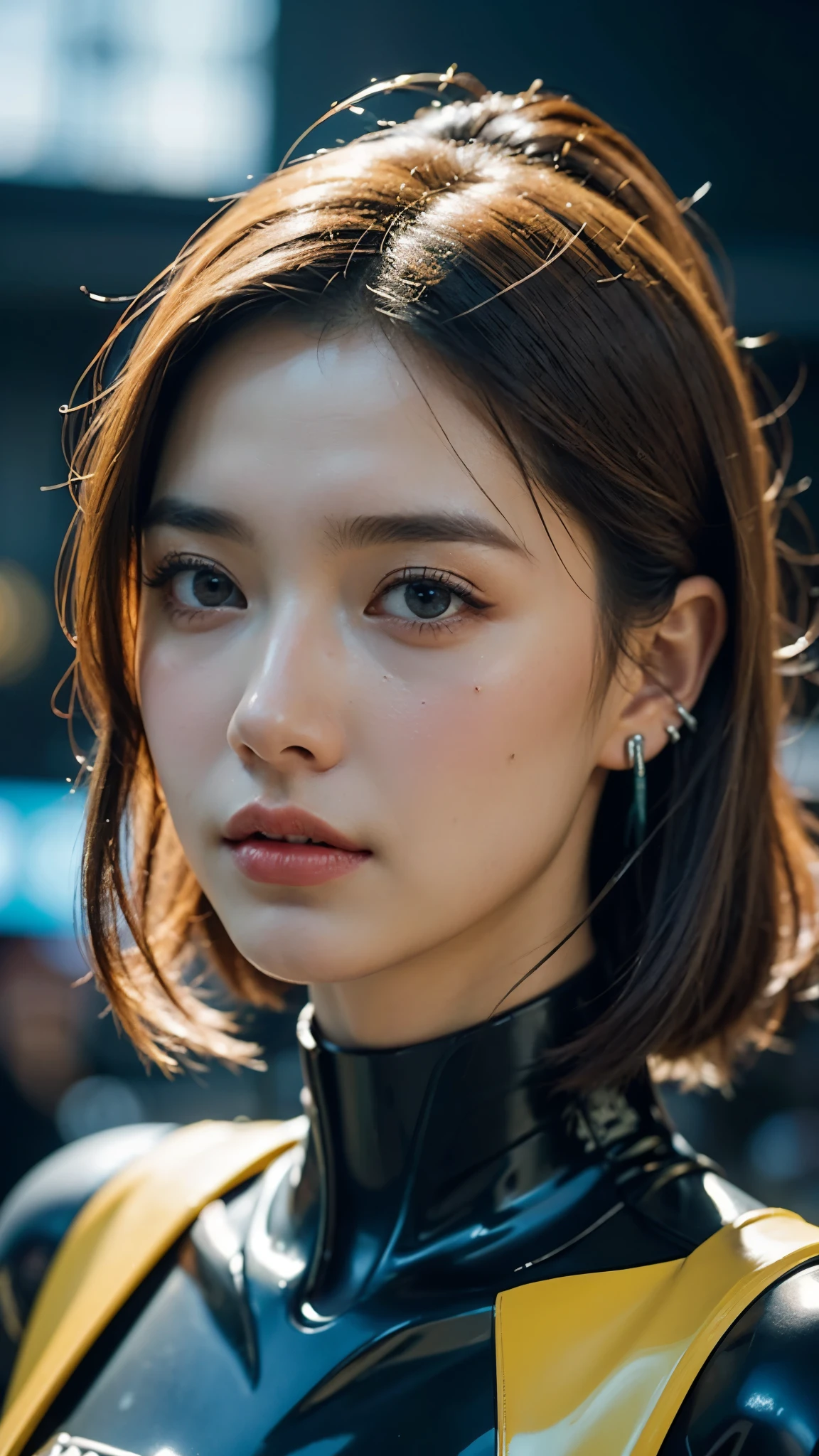 Abstract colours, texture, film grain, skin pores:0. A professional cyberpunk portrait photograph featuring a young Asian woman in a form-fitting black latex bodysuit with yellow robotic shoulder components and technological details. The subject wears turquoise wireless earphones and gazes intensely at the camera against a dark urban nighttime background with blurred city lights. The medium close-up shot employs mixed lighting and shallow depth of field to create dramatic highlights on the latex suit while isolating the subject from the environment. Realistic shaded lighting poster by Ilya Kuvshinov Katsuhiro, Magali Villeneuve, Artgerm, Jeremy Lipkin and Michael Garmash, Rob Rey and Kentaro Miura Style, trending on art station. Blade Runner 2049, punk hairstyle, Change the Cabolo style)1.3 (film grain)1.3, Stephen Martinil Vadim Kashin Simon Stalenhag Michal Kalchi Ismail Inoglu