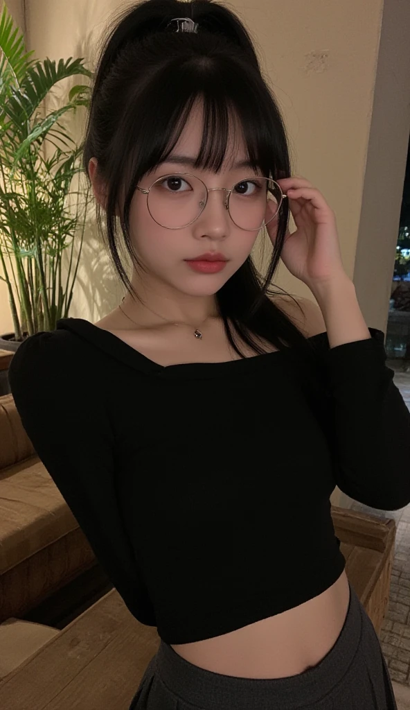 A 14-year-old Thai woman wears round glasses, has short hair, has a cute face, is , and looks suspicious.(see half)The background is a bedroom at night, sitting on a bed.