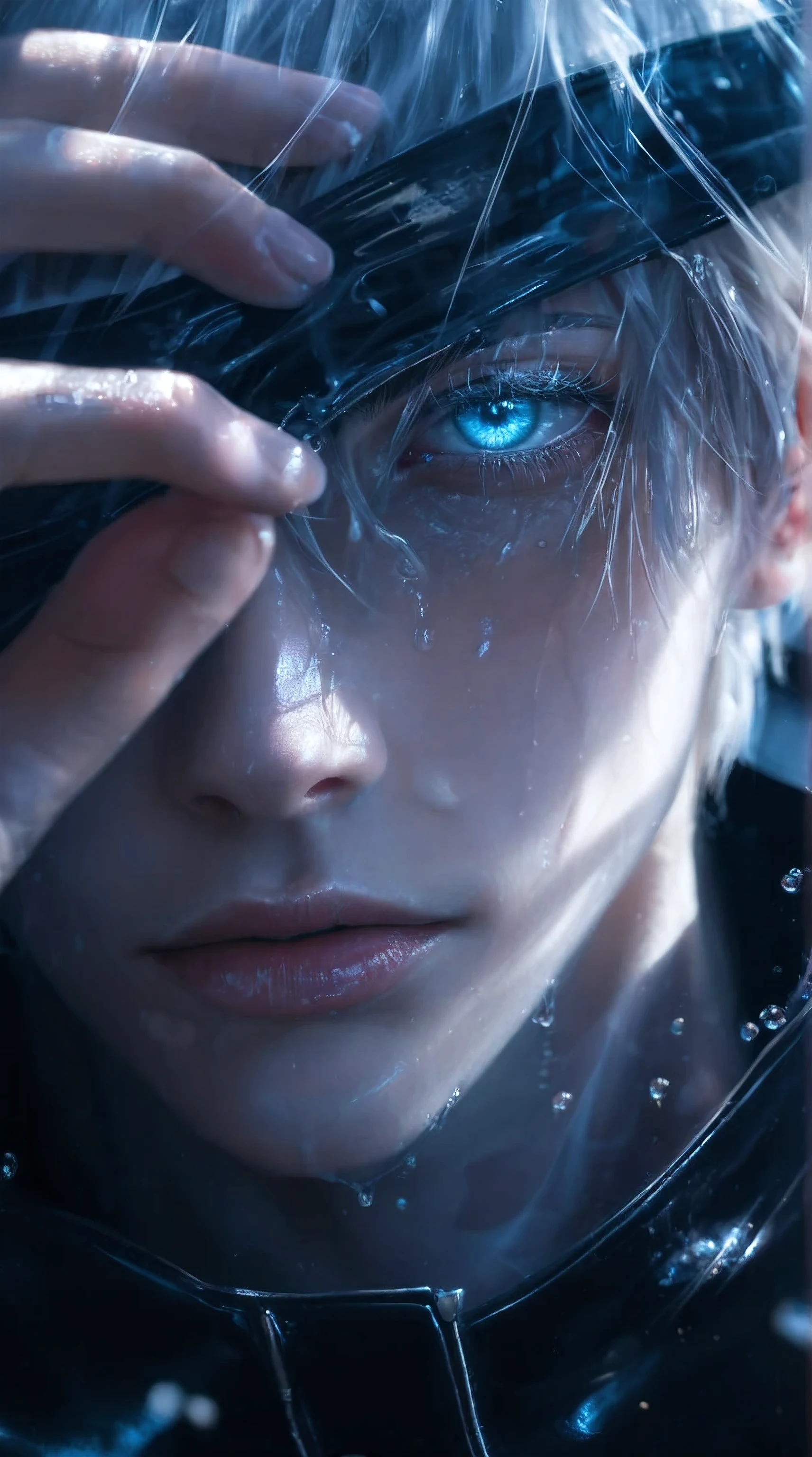 score_9, score_8_up, score_7_up, source_anime, detailed, wallpaper, beautiful details, gojo satoru, jujutsu kaisen, 1man, male focus, ultra realistic, cinematic lighting, photorealistic water droplets on skin, glistening wet face, soft reflections of light, high detail close-up, sharp pale blue eye glowing, wet eyelashes, natural skin pores, realistic lip texture with water shine, translucent raindrops, moist hair strands, wet white-silver hair, black high-collar wet jacket, hyper-detailed facial structure, wet black blindfold lifted by fingers, reflective wet surfaces, shallow depth of field, dramatic backlighting, dark rainy background with soft blue light flares, realistic moisture buildup on skin, studio-quality realism, intense emotional atmosphere