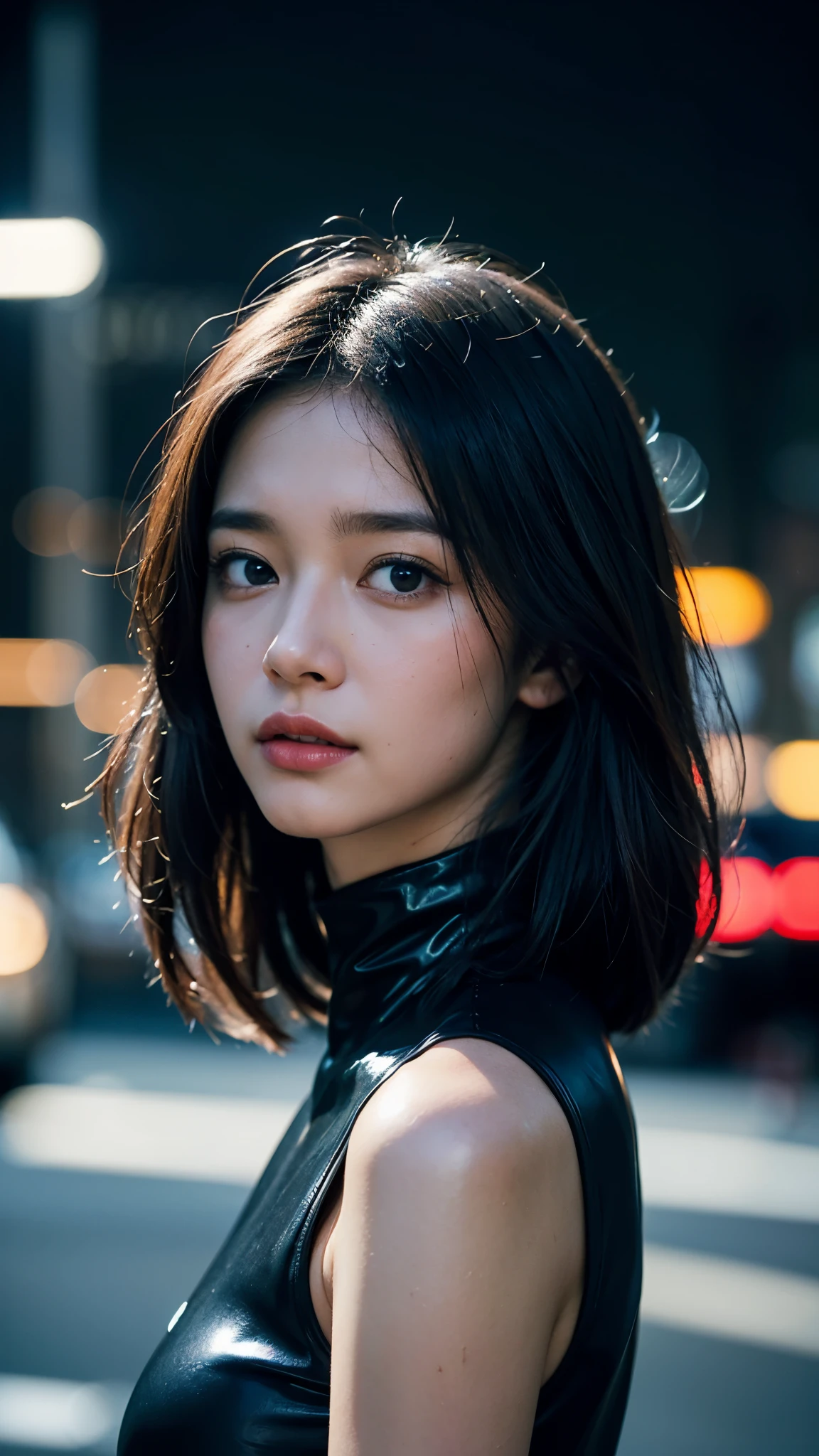 A professional fashion portrait photograph features a young Asian woman in cyberpunk-inspired styling, wearing a high-neck sleeveless black latex top that reflects light dramatically. The woman faces the camera with an intense, confident expression, her long silver hair styled with a slight tousle. Green eyes color. The image is captured at night with artificial front lighting creating striking highlights on the glossy latex material. The background shows defocused urban lights creating a moody metropolitan atmosphere. The composition is centered with a shallow depth of field, shot in a close-up frame that emphasizes the woman against the bokeh-filled background. Fashion portrait photography with dramatic studio lighting and shallow depth of field against a nighttime urban setting. Realistic shaded lighting poster by Ilya Kuvshinov Katsuhiro, Magali Villeneuve, Artgerm, Jeremy Lipkin and Michael Garmash, Rob Rey and Kentaro Miura Style, trending on art station.