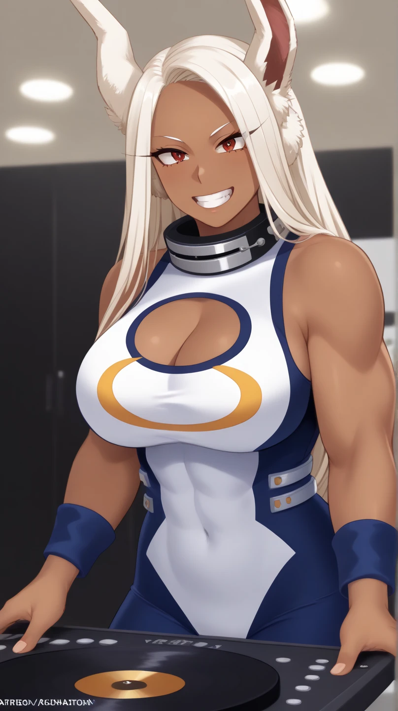 score_9, score_8_up, source_anime Bibl3, (masterpiece, best quality, ultra-detailed), AhsokaTano, orange skin, dark tan, blue eyes, makeup, huge breasts, heavy breasts, blue shirt, vambraces, fingerless gloves, hip armor, wide hips, blue skirt, blue leggings, looking at viewer, indoors, sexy, smile