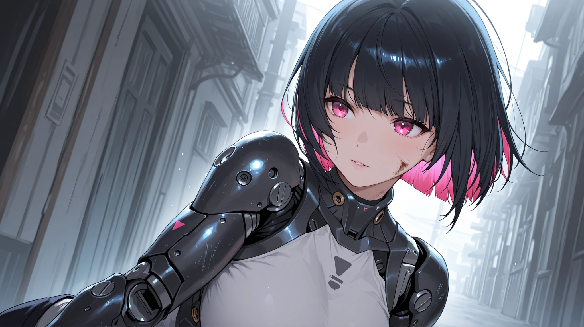 Brutal atmosphere、1 Japanese woman with 4 prosthetic arms、bob cut、the color of her inner hair is bright、bright colors、masterpiece、Highest Quality、8k