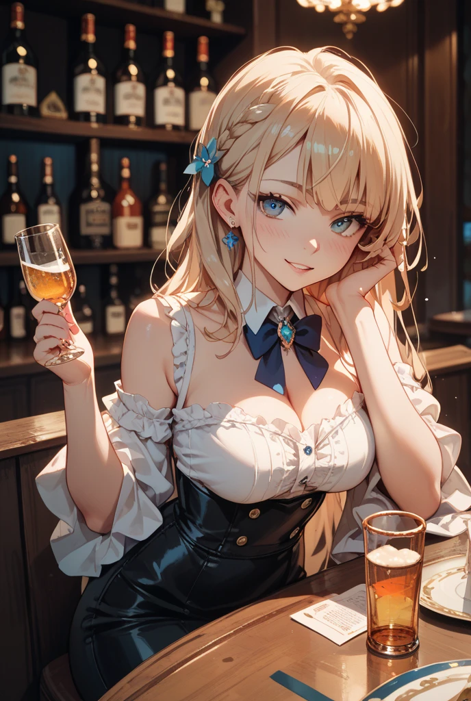 ((highest quality)), ((masterpiece)), (detailed), Perfect Face、Shyness、Horizontal knotting、28 years old、sexy、At the bar、The seat next to me、Gazing at each other、glass、whisky、blonde、Smooth Hair、sulking、