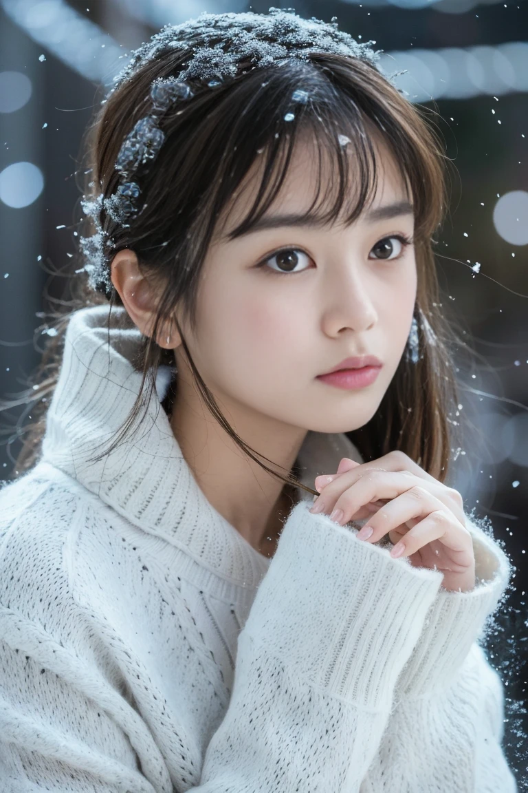 1 girl, 16 years old、Gravure model for Japan, (cute, beautiful girl,profile:1.2), Modest big, 𝓡𝓸𝓶𝓪𝓷𝓽𝓲𝓬,Beautiful Christmas night view and snow:1.2, (Looking up at the big Christmas tree:1.5)、A city with beautiful Christmas lights, (fluffy white wool sweater:1.2), red scarf, (red pleated skirt), black haired、Lost in thought with a happy expression、 highest quality, High resolution, fine skin, detailed face and eyes, high resolution, Natural light, perfect ???????, Physically based rendering, realistic, symmetrical clear eyes, well-groomed face,teenage girl, perfect figure, Transparency, Gravure idol pose,