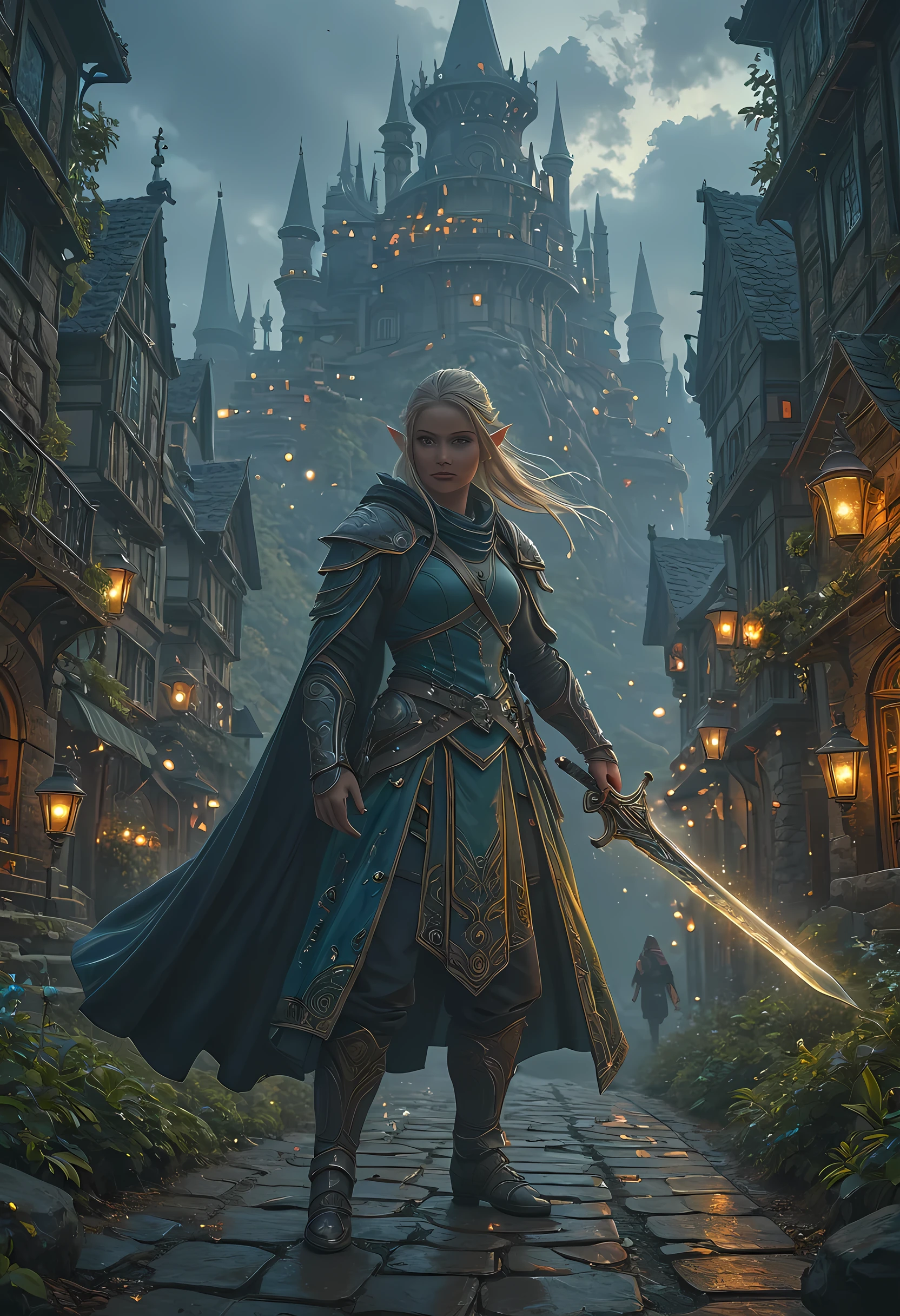a picture of a female elf, fantasy swashbuckler, fantasy fencer, armed with a slim sword, shinning sword, metallic shine, colorful clothes, dynamic clothing, an ultra wide shot, full body, epic beautiful female elf , rich hair, small pointed ears, colorful magical sigils in the air, colorful arcane markings floating,  holding a sword, holding a sword glowing in light,  fantasy urban street (intense details, Masterpiece, best quality),  long cloak, sense of daring, sense of adventure,  high details, best quality, 16k, [ultra detailed], masterpiece, best quality, (extremely detailed), dynamic angle, ultra wide shot, photorealistic, RAW, fantasy art, dnd art, fantasy art, realistic art, fantasysword sword,  fantasy, art by mooncryptowow