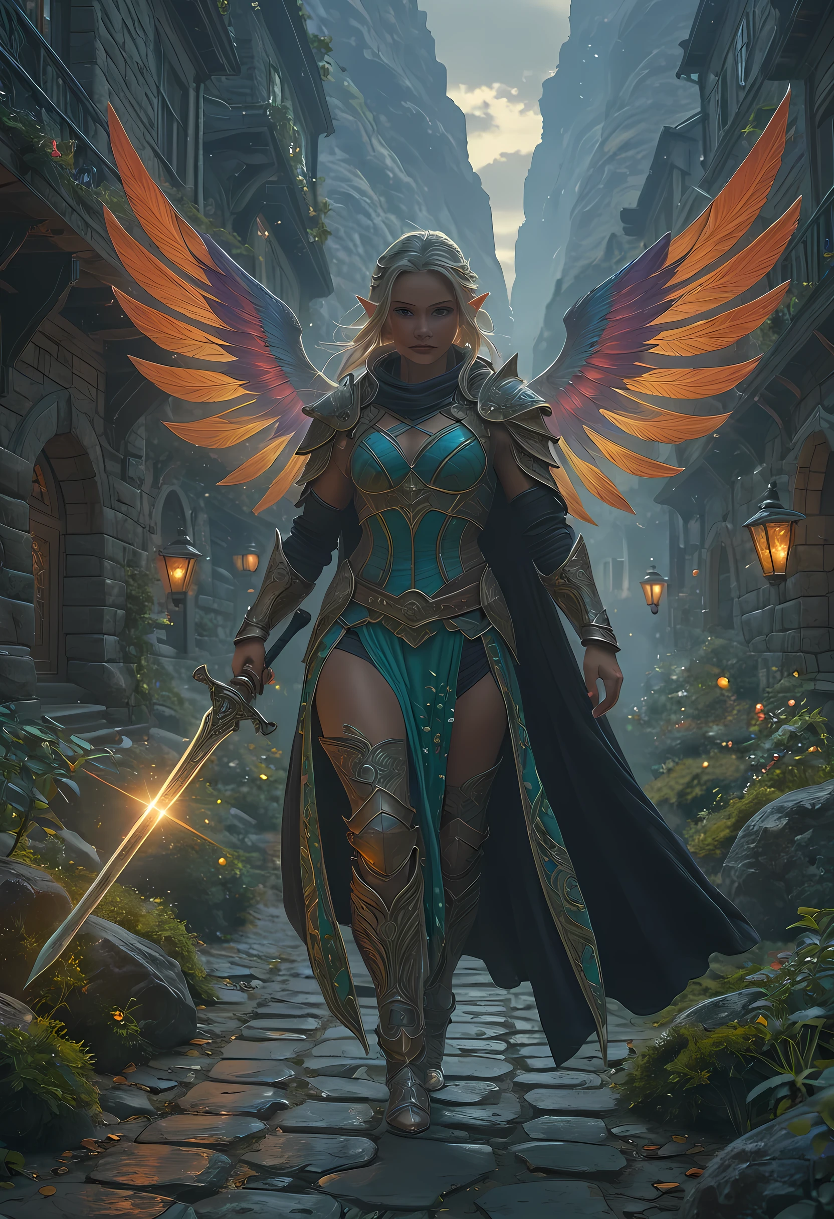a picture of a female elf, fantasy swashbuckler, fantasy fencer, armed with a slim sword, shinning sword, metallic shine, colorful clothes, dynamic clothing, an ultra wide shot, full body, epic beautiful female elf , rich hair, small pointed ears, colorful magical sigils in the air, colorful arcane markings floating,  holding a sword, holding a sword glowing in light,  fantasy urban street (intense details, Masterpiece, best quality),  long cloak, sense of daring, sense of adventure,  high details, best quality, 16k, [ultra detailed], masterpiece, best quality, (extremely detailed), dynamic angle, ultra wide shot, photorealistic, RAW, fantasy art, dnd art, fantasy art, realistic art, fantasysword sword,  fantasy, art by mooncryptowow