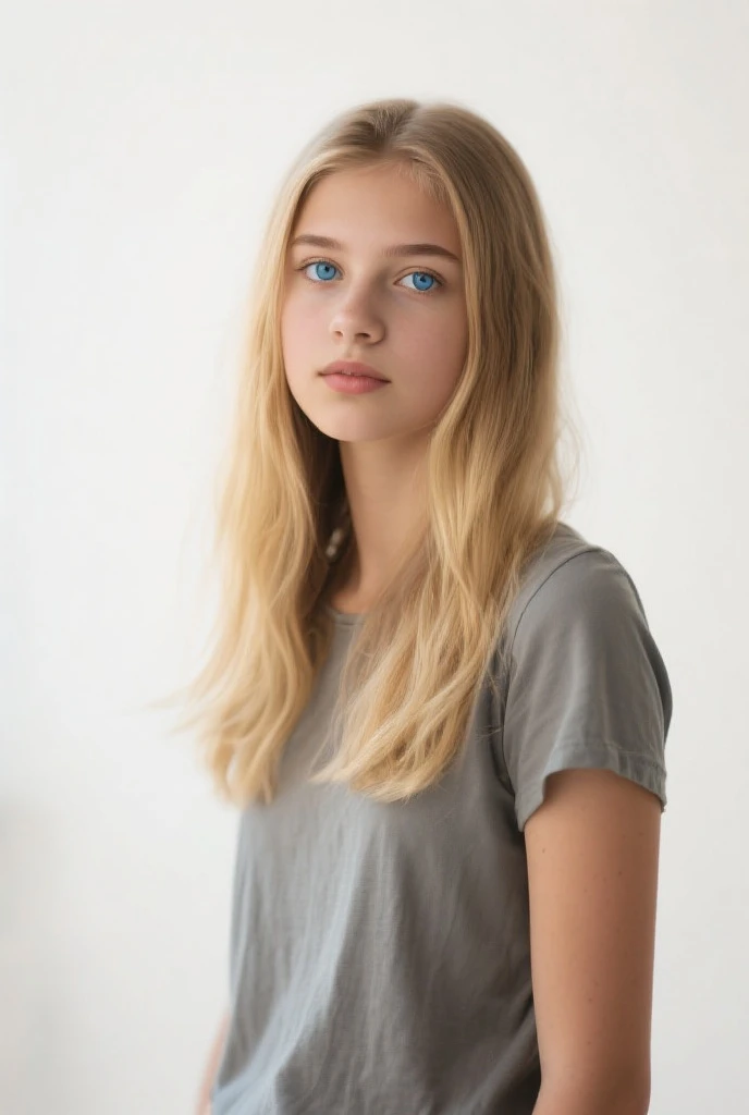 Create an 8-year-old blonde with a pink skirt and shirt, blue colored eyes