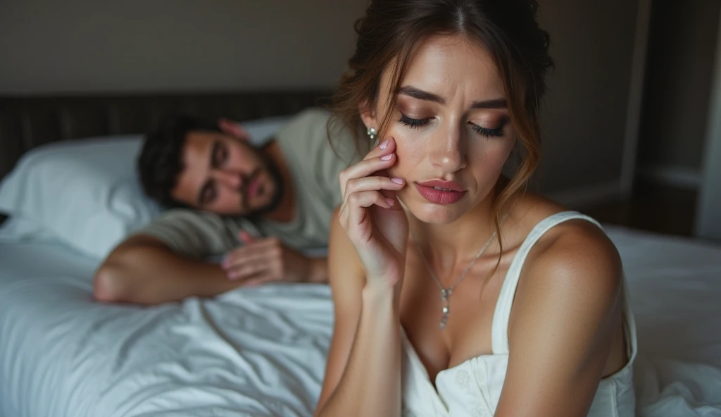 WOMAN SITTING HAND ON FACE, SAD, IN BED, OTHER MAN STANDING ANGRY, SUPER REALISTIC, ULTRAREALISTIC SKIN, SUPER DETAILED, NATURAL LIGHT, REALISTIC, Nikon, 4K --auto --s2