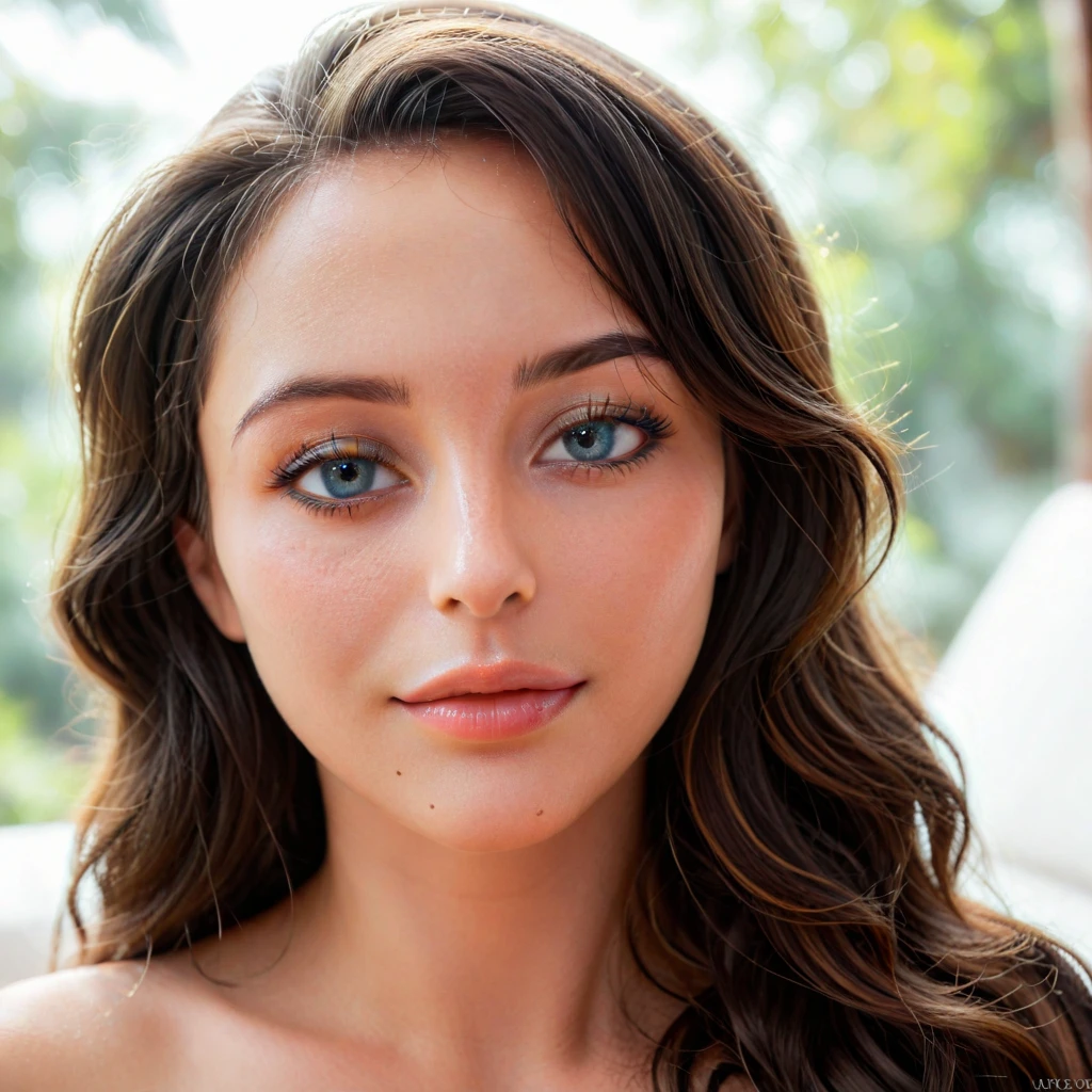 Close-up of a long-haired woman wearing a black and white top, Beautiful face and perfect skin, Very beautiful face, Perfect face and eyes, Perfect face close-up, Brown hair and big eyes, Woman with beautiful face, Gorgeous and attractive face, Attractive beautiful face, Beautiful perfect face, Brown Hair Girl, Beautiful Woman Photos, Beautiful face in every detail, Showing off in a bikini on the beach、Large Breasts、Cleavage