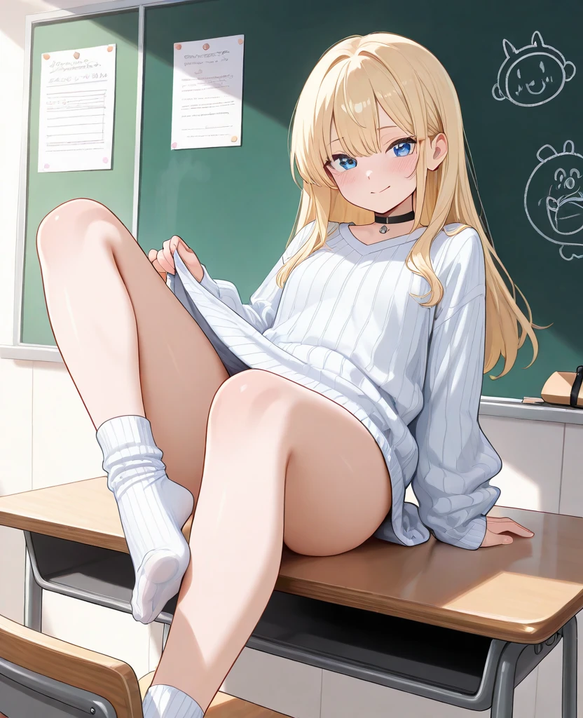 nsfw,(((completely Nude:0.8))、((Nude:1.0))、((No clothes)),((Perfect Anatomy)),((Anatomically correct)),(((Slim and beautiful legs)))、((barefoot)),(((Beautiful toes with attention to detail:1.2)))、(((Five fingers))),Manicure、sweat,oily skin:1.6,slender body,presenting、naughty face,in heat,vagina、Detailed depiction of the crotch、pussy juice,(((blonde pubic hair:1.1))), break High resolution、High resolution、high quality、masterpiece、1 female、Ellen Baker、School classmates、18-year-old、blonde、blue eyes、School classroom、sitting on desk、((open legs:1.8)),Squatting pose、attractive way to sit、Cute pose、blackboard、smile、((Head to toe))、((Close-up of a woman))、((I was made to sit with my legs apart...))