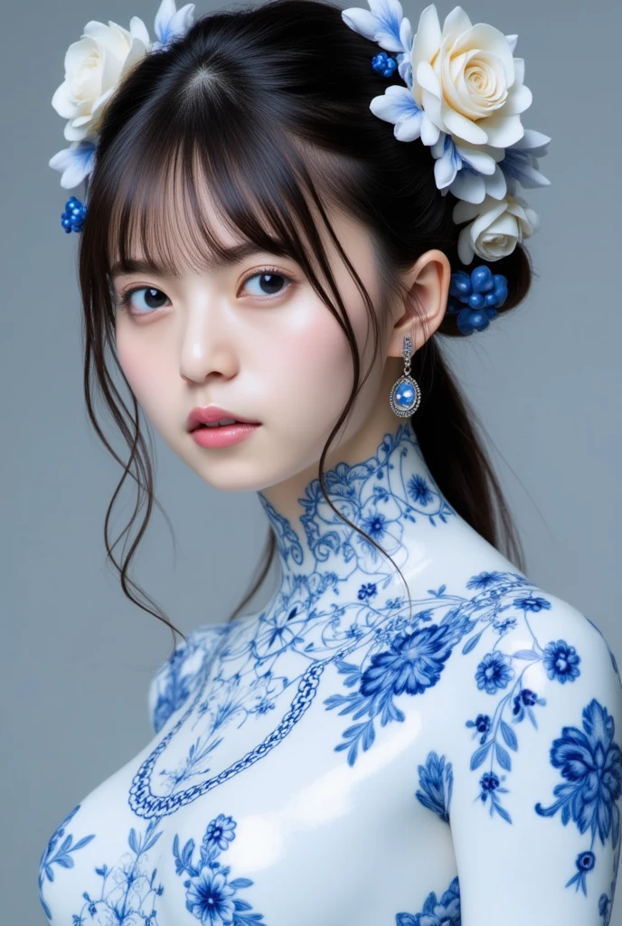 There is a in a Chinese Tang costume,It has a blue and white porcelain pattern on it,Stand in front of a wall with a blue and white pattern, inspired by Louis Le Nain, , Zhang Jingna, yanjun cheng, eiko ishioka, author:Yu Zheding, ruan jian, inspired by Frieke Janssens, author:Kikukawa Sakaeyama