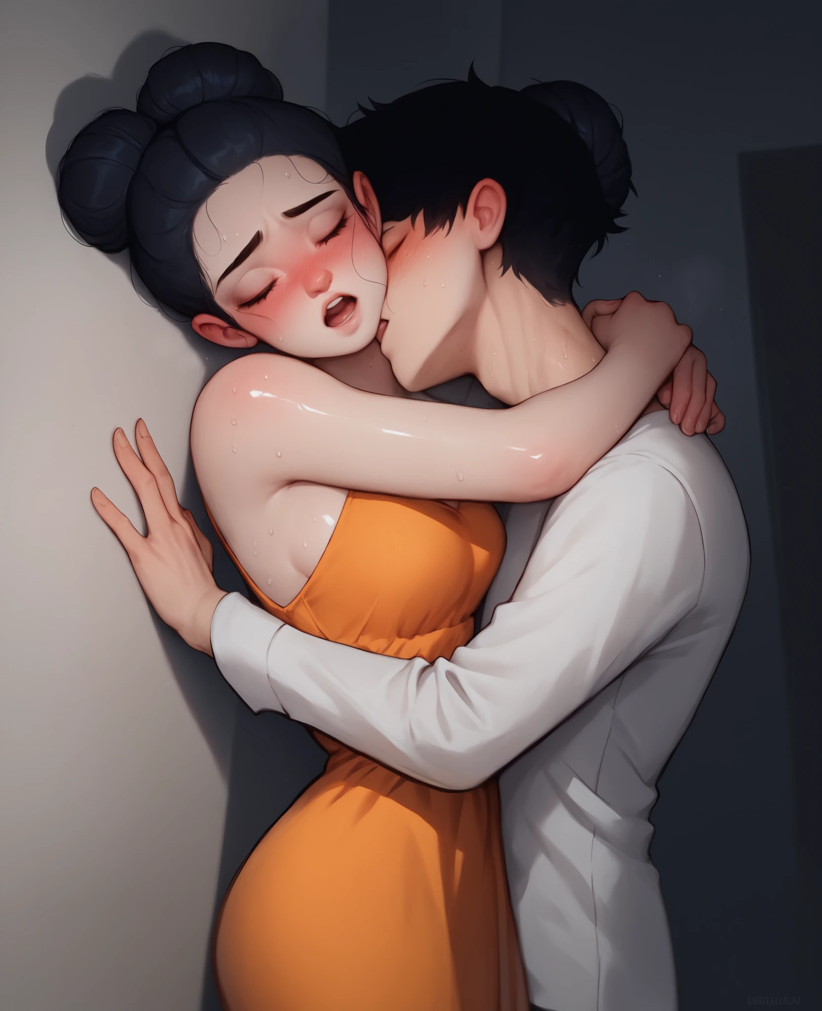score_9, score_8_up, score_7_up, 1woman, solo, hair, closed eyes, white milky porcelain skin, white-skinned female, black hair in a bun, lovely medium breasts, perfect body, orange maxi dress, sweat, female organism, open mouth, looking at viewer, head tilt, nose blush, blush, indoor, bedroom, night time, late night, shiny skin, against wall, standing , upper body, 1girl, 1boy (faceless, face on girl's face,
intense kiss, deep kiss, kiss ), hug. Dutch angle.