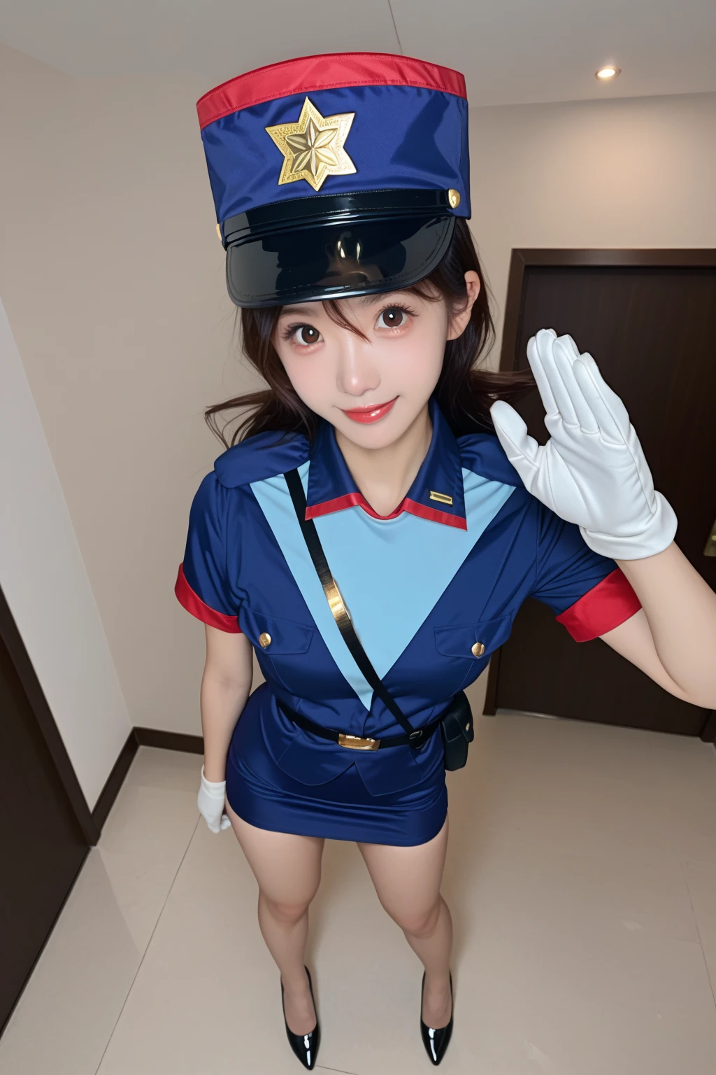 (uniform、soldier、Navy uniform、Micro Mini Skirt、belly button、is、Black Hair、Big Ass、military cap、Black knee-high socks、operator、Inside the battleship、Panty Shot)、Extremely sexy、Glamorous Body、Smile、Professional Lighting、Beautiful adult woman、Captivating thighs、Very large breasts、Cleavage、Are standing、
