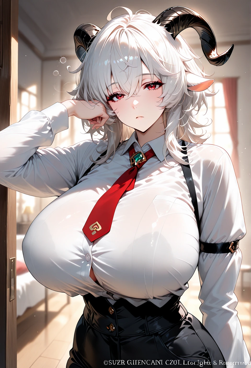 (Maximum quality)，(Depth of Field)，(whole body)，charming，Rich details，1 Girl，(White hair)，Second Dimension，Long Ponytail，Pale red eyes，Red hair accessories，sleeveless，Shoulders open，Crop Topping，Put your hands behind your back，sideways，[blush]，poker face，，night，rain，rainbow，(pregnant，Huge breasts：1.8)