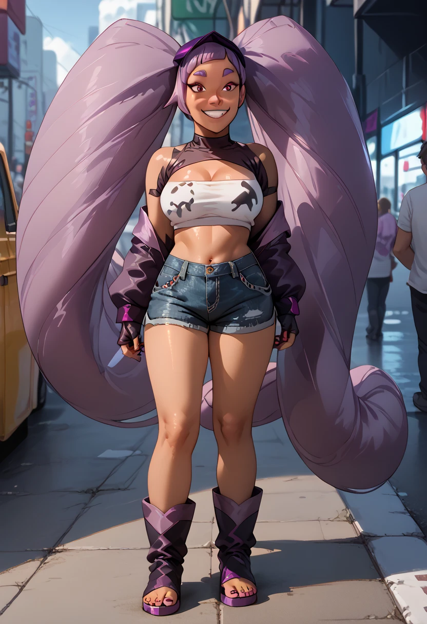 (masterpiece, Best Quality:1.2), Alien, shortstack, male only, Frieza, crossdresser, detailed fur, bulge, highly blushed, fat ass, wide hips, curvy male, voluptuos, detailed face, detailed hands, detailed image, flat chest, black tube top, thick thighs, black lipstick, goth, goth make up, denim shorts, hyper realistic, slim, sugestive pose, ahegao, showing his tongue, tongue out, spit, peace sign, park, nature background, side view, huge ass