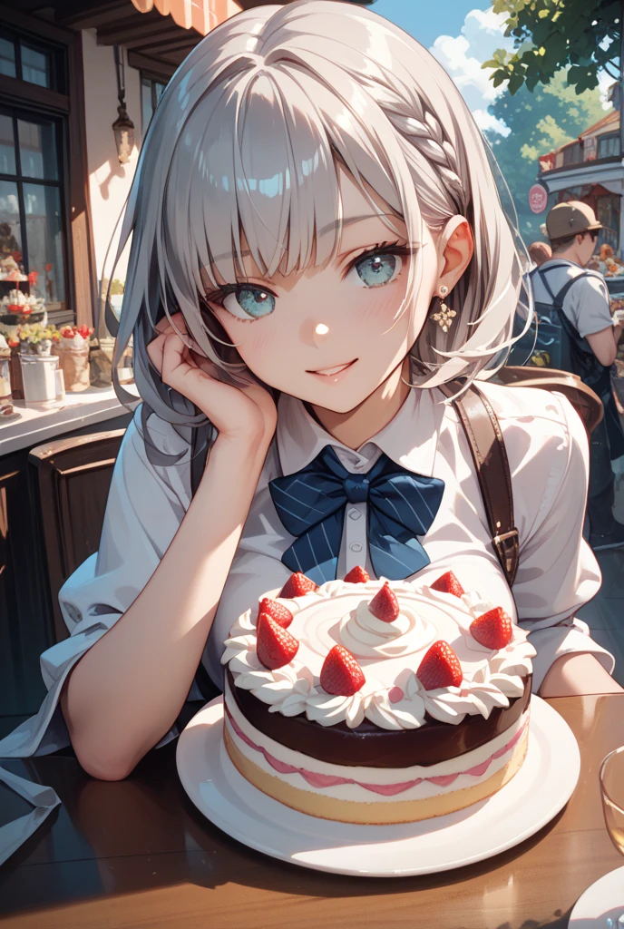 score_9, score_8_up, score_7_up, 1girl, looking at cake, heart-shaped pupils, hands on own cheeks,