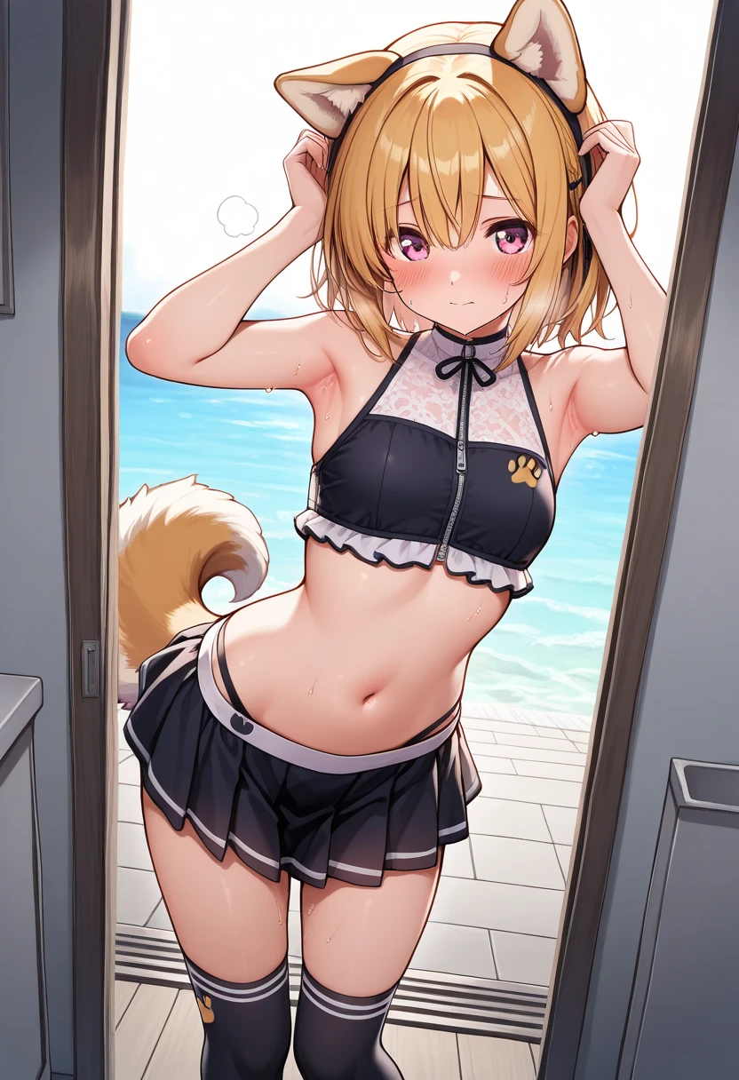 kinako_(shiratama_mochi) style, mari_\(blue_archive\), flat chests, nsfw, masterpiece, ponytail, 1 girl, erect nipples, intricately detailed, topless, navel, bare shoulders, necklace, erect nipples, puffy nipples, orange hair, cat ear, blue gym shorts, halo, park? Blue sky, open mouth, extremely detailed, cg masterpiece, 8 k, unreal engine, bare breasts, nipples, blue eyes, bare stomach, sweaty, moist breath, small breasts, flat chests, wet body, arm strap, mari gym, smiling, leaning forward, plate, steak, tongue out, all fours, crawling, neck collar, floor, long tongue, collarbone, wet body