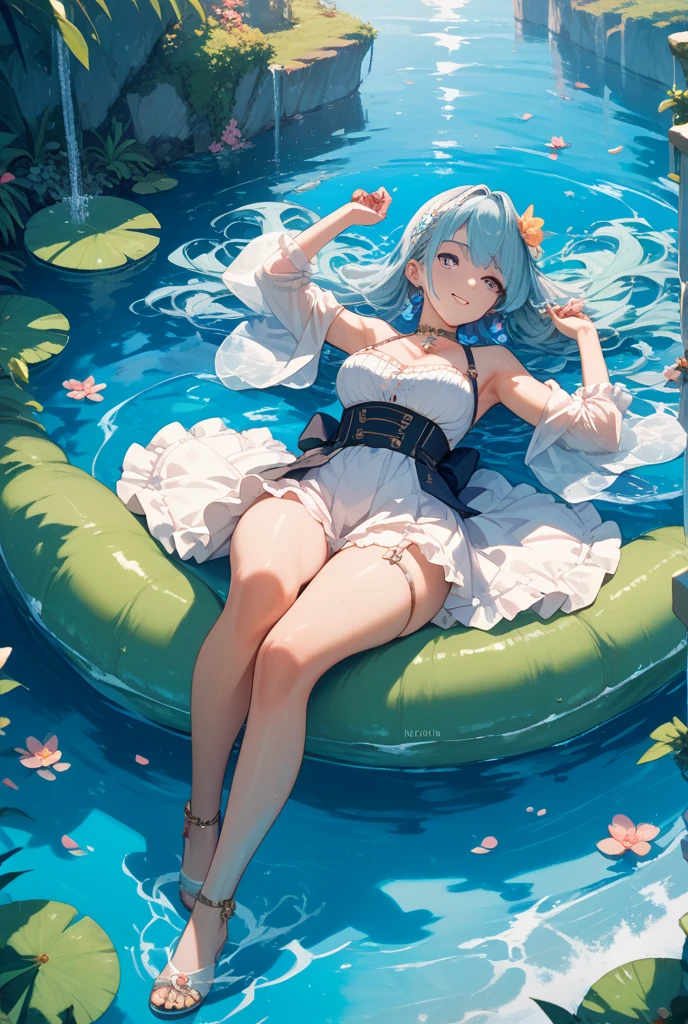 Anime girl lying in a bathtub with water lilies, artwork in the style of Gwaiz, Gwaiz, Gwaiz on pixiv artstation, Gwaiz on artstation pixiv, Gwaiz masterpiece, Soft anime illustration, Created by Anime Painter Studio, Reusch and Urop, By Chen Yanjun, Beautiful Anime Girls, At the pond