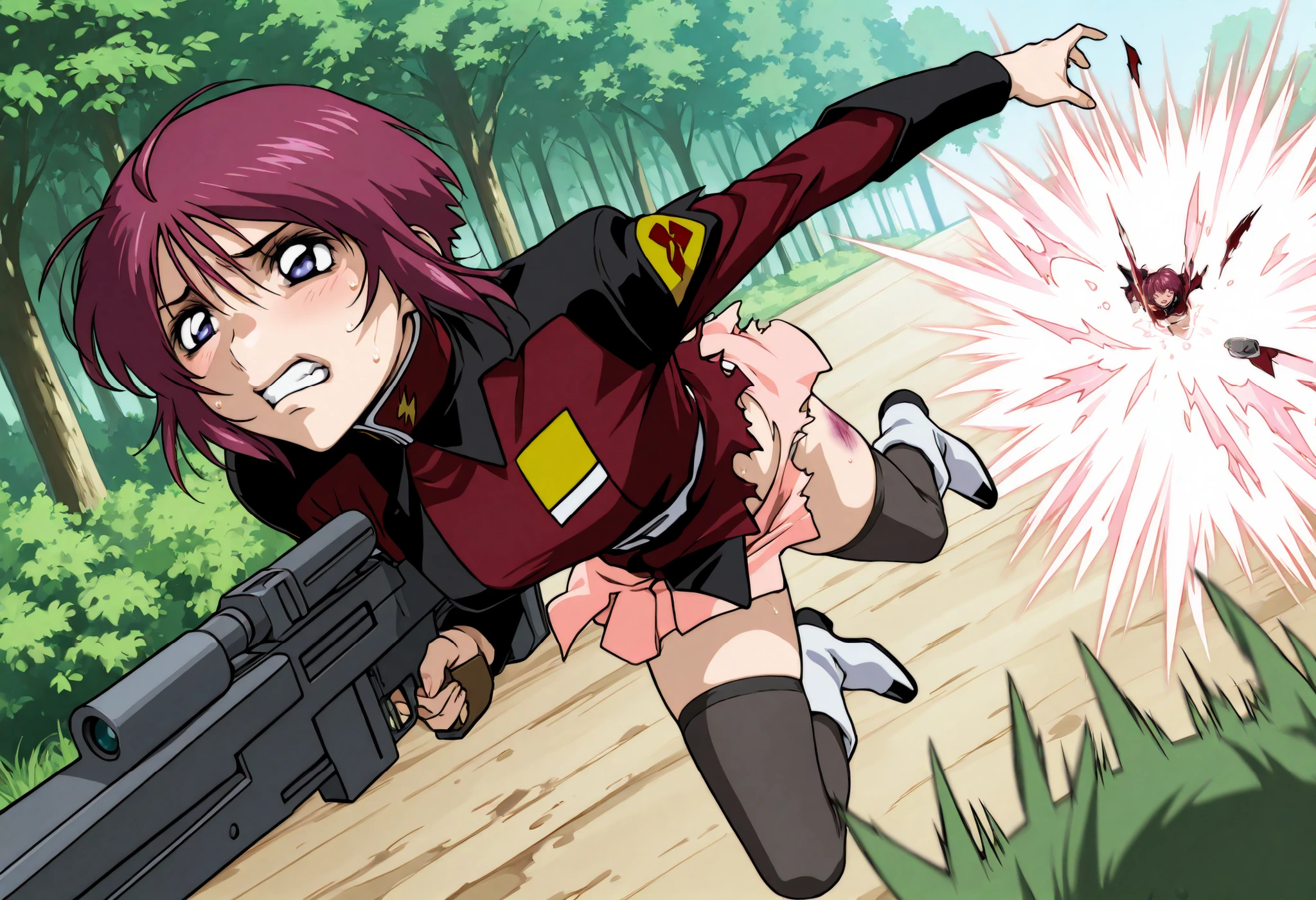 score_9, score_8_up, score_7_up,BREAK,masterpiece, best quality, absurdres,A very detailed and Hi-Res image、lightning crackling around 、safe 1girl,(solo),18 years old, (beautiful and detailed face),1girl,destiny jacket,LunamariaHawke,((destiny jacket)),((red military_jacket)),white shirt under the military_jacket,open military_jacket,((wet white shirt)), (((wet pink_skirt))),deep navy frill trimmed bra under the wet white shirt slightly visible, deep navy panties under the skirt, (((black_thighhighs))), boots,white footwear,((lunamaria)),1girl,solo,blue eyes,red hair,short hair,ahoge,,DQ6barbara,,eyebrows,NSFW,; quality\(8k, Hi-Res, top- quality, top- quality real texture skin, super realistic, increase resolution,RAW Photo, very detailed, wallpaper, golden ratio,vibrant{{breathing}},full body,(Watery eyes),(closing eyes),{Wet body},,(Close-up of a girl:0.7),(((add energy to the scene. Motion Effect))), (Like a subtle blur),bokeh,full body,(nape of neck),,((Pained expression)),(((Sweat:1.4))),(grimace),blush,(score_9_up, score_8_up, score_7_up, best quality, a woman skydiving, paradropping , weapon, sniper rifle,movement, motion blur, dynamic angle, source_anime, full body, BREAK depth of field, foreshortening, dynamic pose, super wide angle shot, extreme perspective, , anime wallpaper,,,,,forest,(((no one except for 1girl:1.4))),break,((painful face)),(((open eyes))),(((grimace))),blush,((Pained expression)),((Sweat:1.4)))((girl body damage)), (((jacket damage:1.5))),(((torn dress:1.5))),((girl bruise)),{bra},{panties},(tearful),multiple monsters, group ,miscegenation,goblin monster,,, NSFW,,
