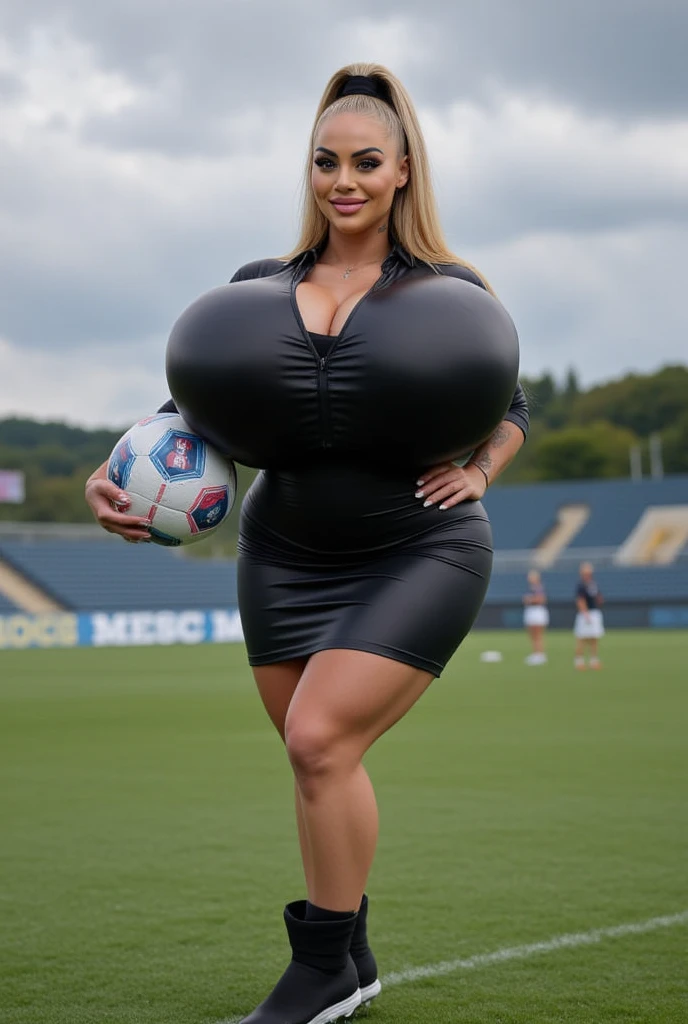 soft light, photo of a slim white girl, 20 years old girl, mouth open ((gigantic tits:1.2)) (puffy nipples:1.2) short red hair, curly hair, (white bikini bottom) (Extremely thin and slender lower body:1.1), standing in athletic stadium (cameltoe:1.3)