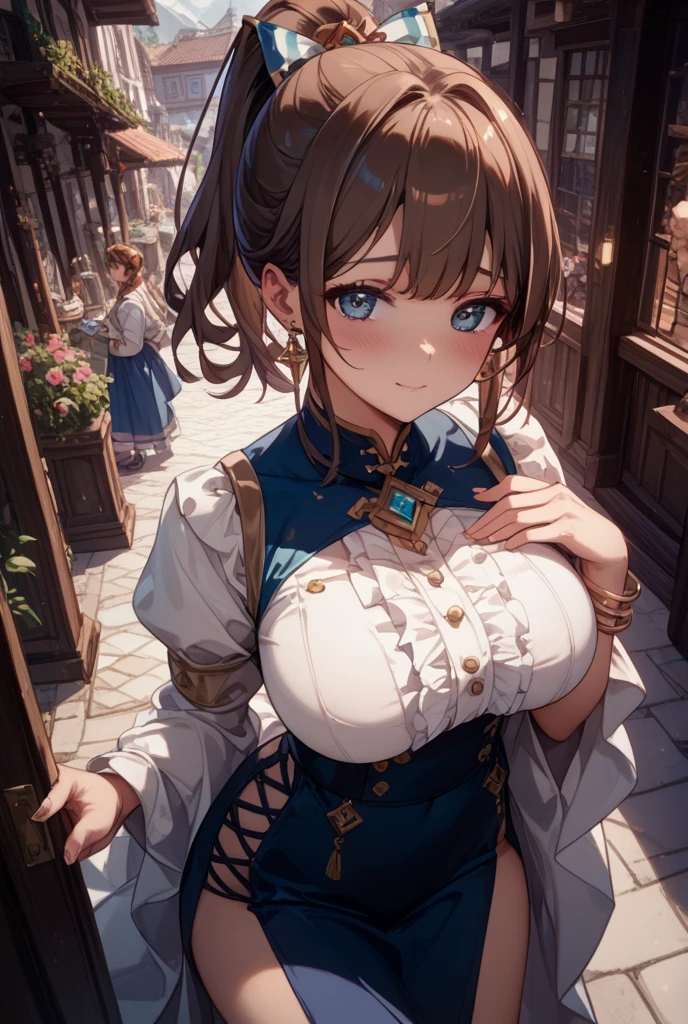 Masterpiece, high quality, 4K, best quality, Paris France city background, Ruan Mei had light brown hair, casually tied into a bun with a few safety pins and ribbons. Her clothes are dominated by blue and white, her dress is made in the traditional Luofu Xianzhou style  , sitting on a cafe chair, and on the table there is a foamy drink，Become a，Large Breasts，Lipstick，Smile