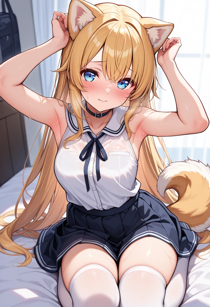 (Masterpiece) (High Detail) (High Res) A short petite humanoid girl with pale skin and long blonde hair and blue eyes and fluffy mouse ears and a fluffy blonde mouse tail and average breasts is stood alone in a bedroom smiling.