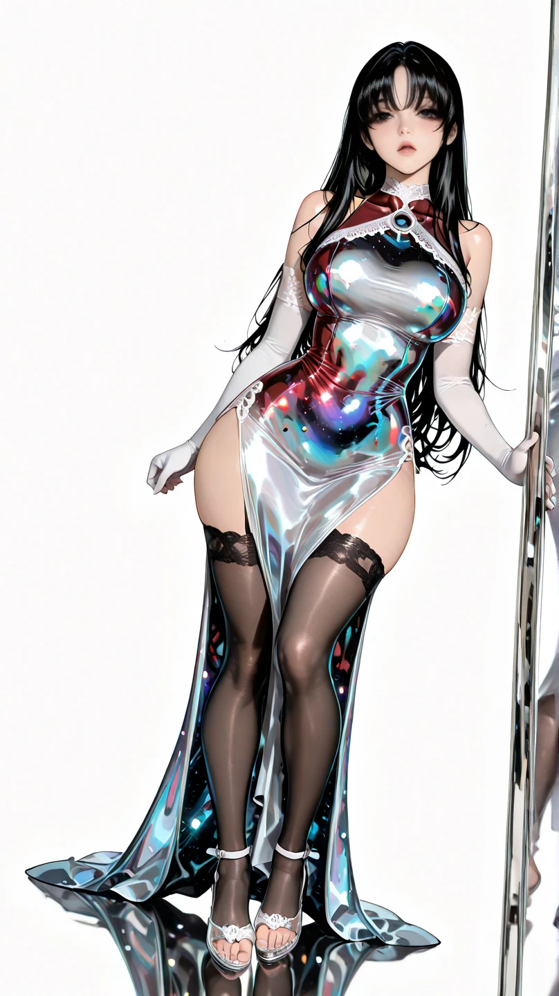 ((masterpiece, best quality)), Delicate face,Beautiful bunny girl,gold,whole body,Long legs,Large Breasts,Gradient double ponytail,Perfect body proportions,Nice pink eyes,Extremely beautiful,transparent, Pure white background,Erotic_lingerie,sexly_比基尼,Lace,Garter stockings