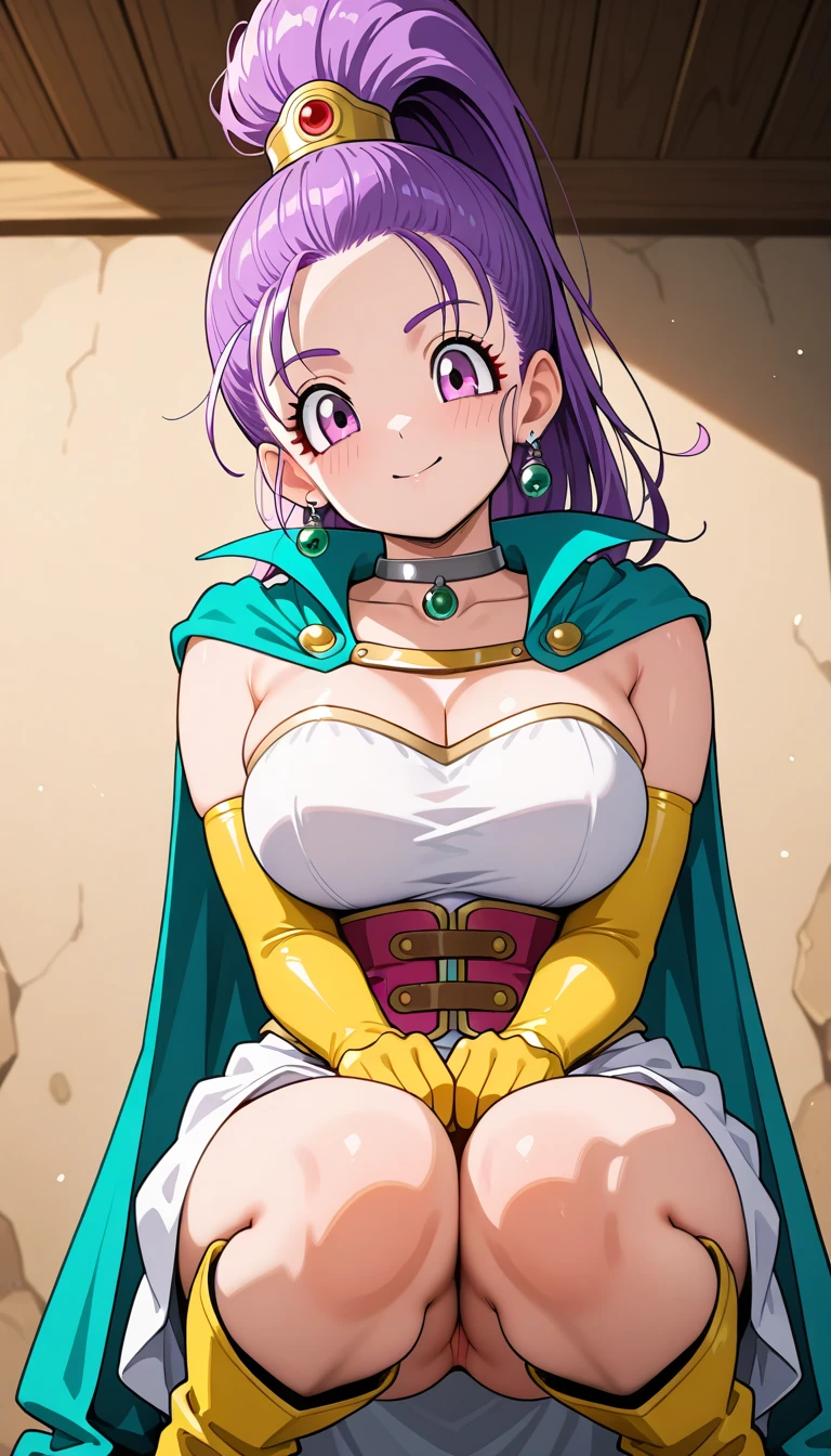 dragon ball, milk long hair, helmet, pink headwear, black eyes, large breasts, shoulder armor, bikini armor, green cape, pink gloves, navel, groin