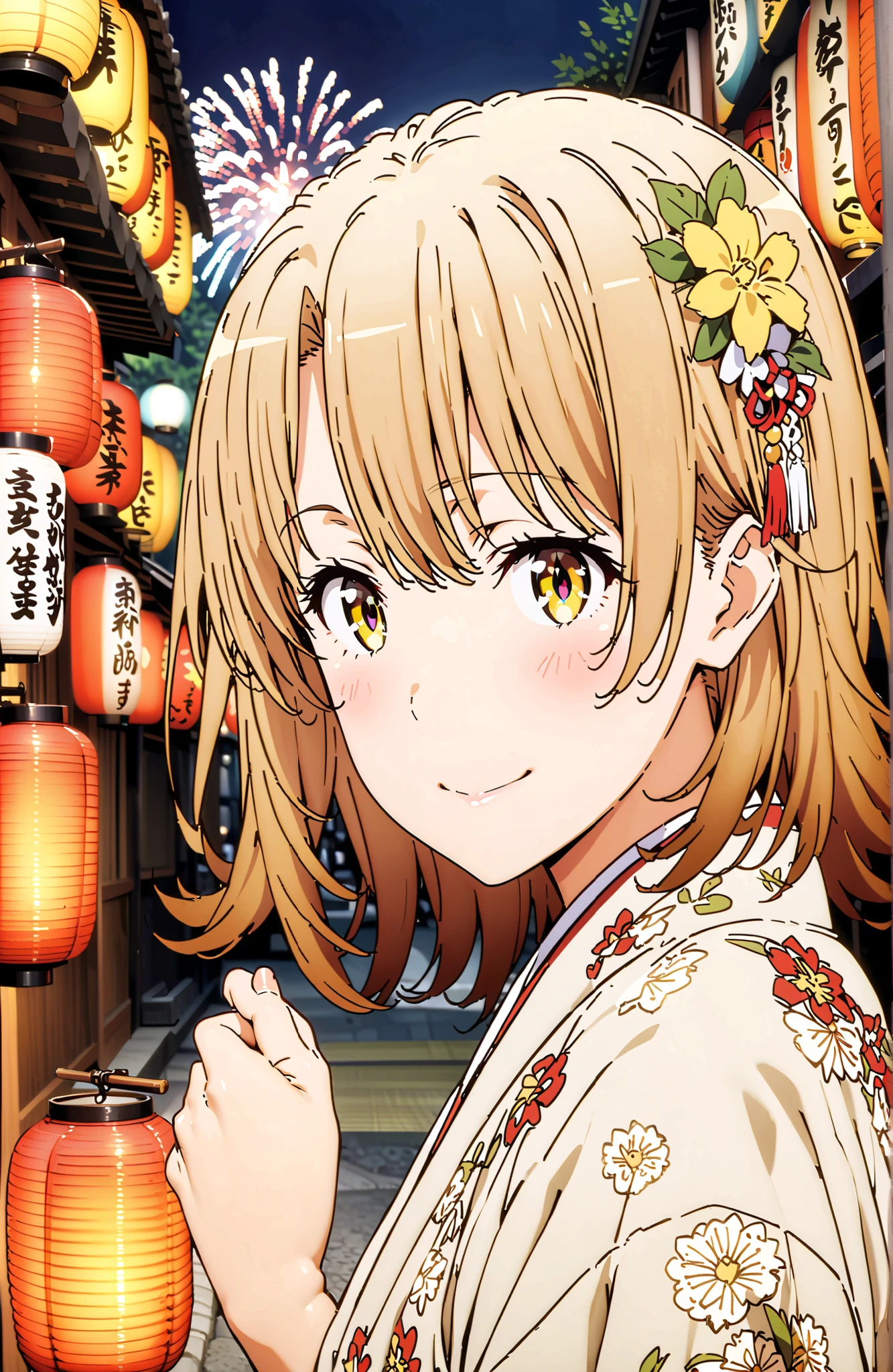 score_9, score_8_up, score_7_up, source_anime,
Iroha Isshiki, short hair, brown hair, brown eyes in the bedroom,flower hair ornament with ears,Yellow flower pattern kimono ,smile,blush,mouth,Light up fireworks,Red Lantern,Japanese stalls ,standing,night,in their 40s outdoors, Japanese Festival,
in their 40s looking at viewer,full body,
in their 40s (masterpiece:1.2), best quality, high resolution, Unity 8Kの壁紙, ( 's art :0.8), (beautiful detailed eyes:1.6), very detailed face, perfect lighting, Highly Detailed CG, (perfect hand in h, Completed),