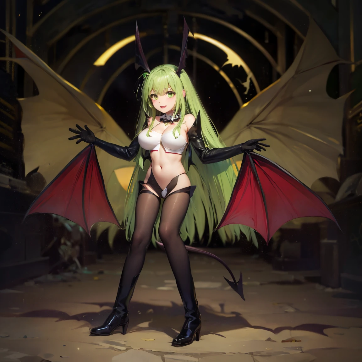(masterpiece: 1.2, best quality), (1 loli, solo), huge breasts, (Dynamic posture), (bright skin, dark green skin), demon girl, green skin, thin lacy gloves, ( small demonic horns:1.1), (Lilith \(Darkstalkers\)), (heaven), fringe, (jewelry, golden ornament:1.15 ), large pelvis, blue (pantyhose:1.1)